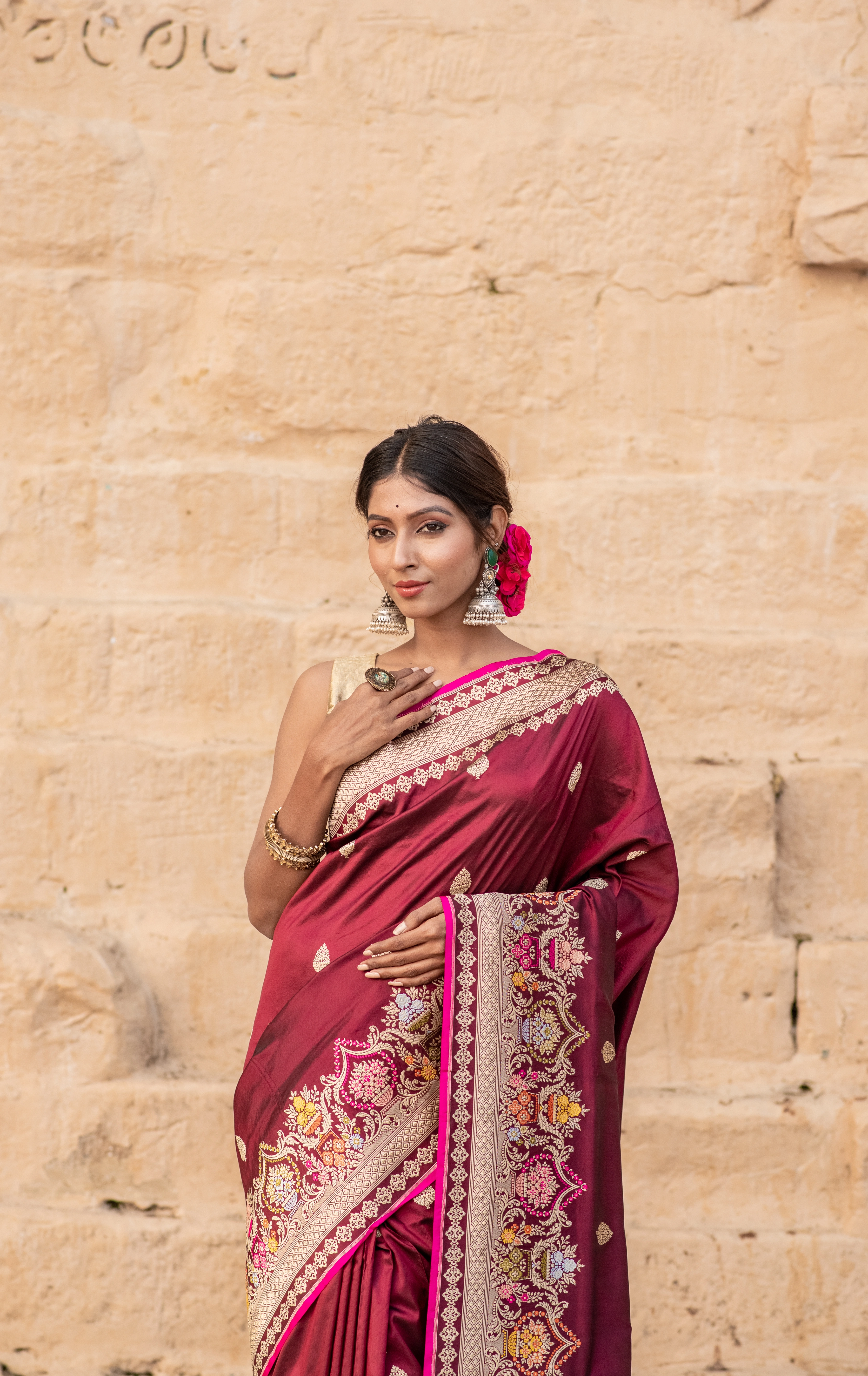 Pure Katan Kadhiyal Booti Silk Saree with Meena Border | Banaras Craftsmanship-Maheroon-1