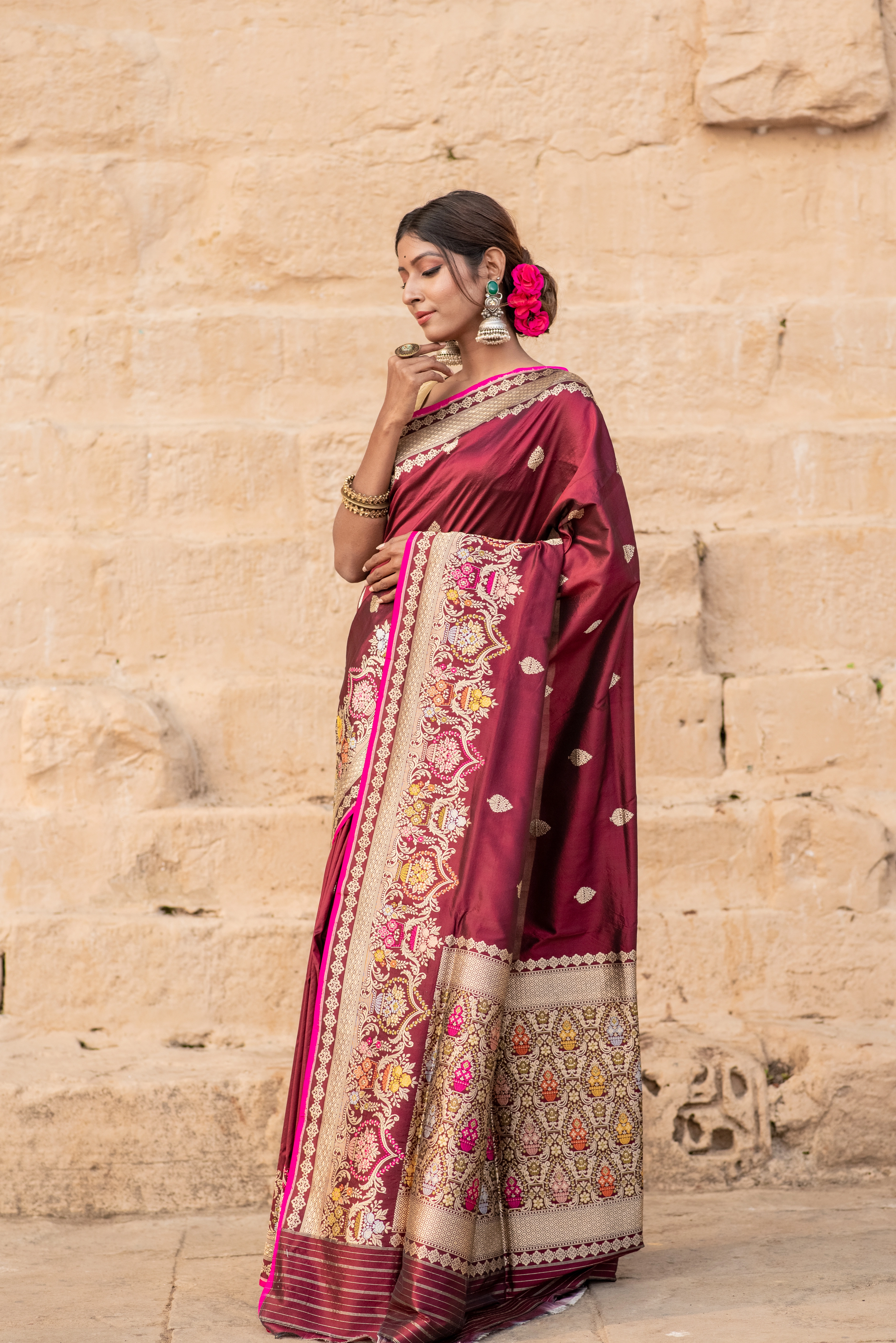 Pure Katan Kadhiyal Booti Silk Saree with Meena Border | Banaras Craftsmanship-Maheroon-5