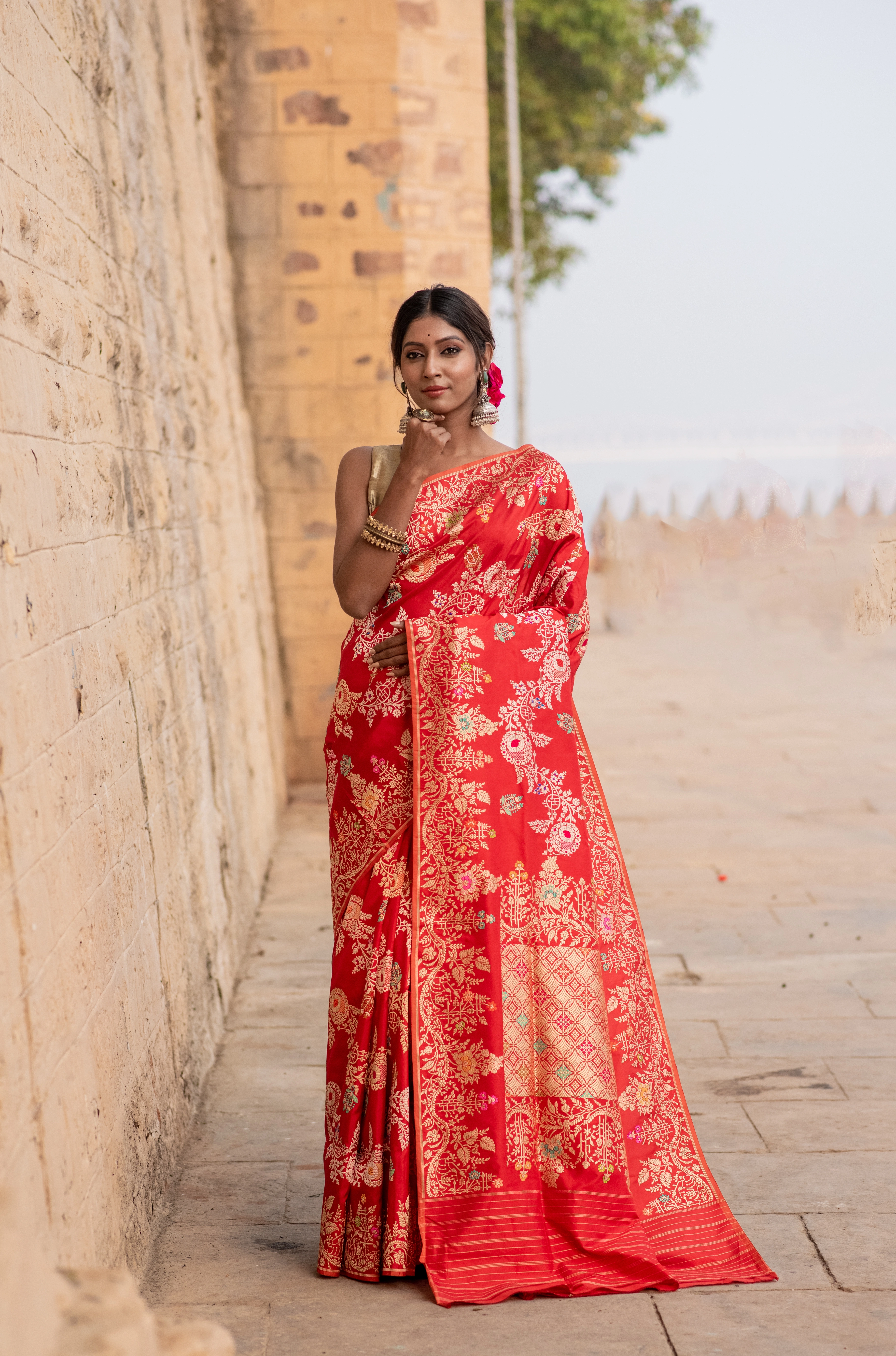 Pure Katan Kadhwa Jangla Meenakari Alfi Banaras Handloom Saree-Pink-3