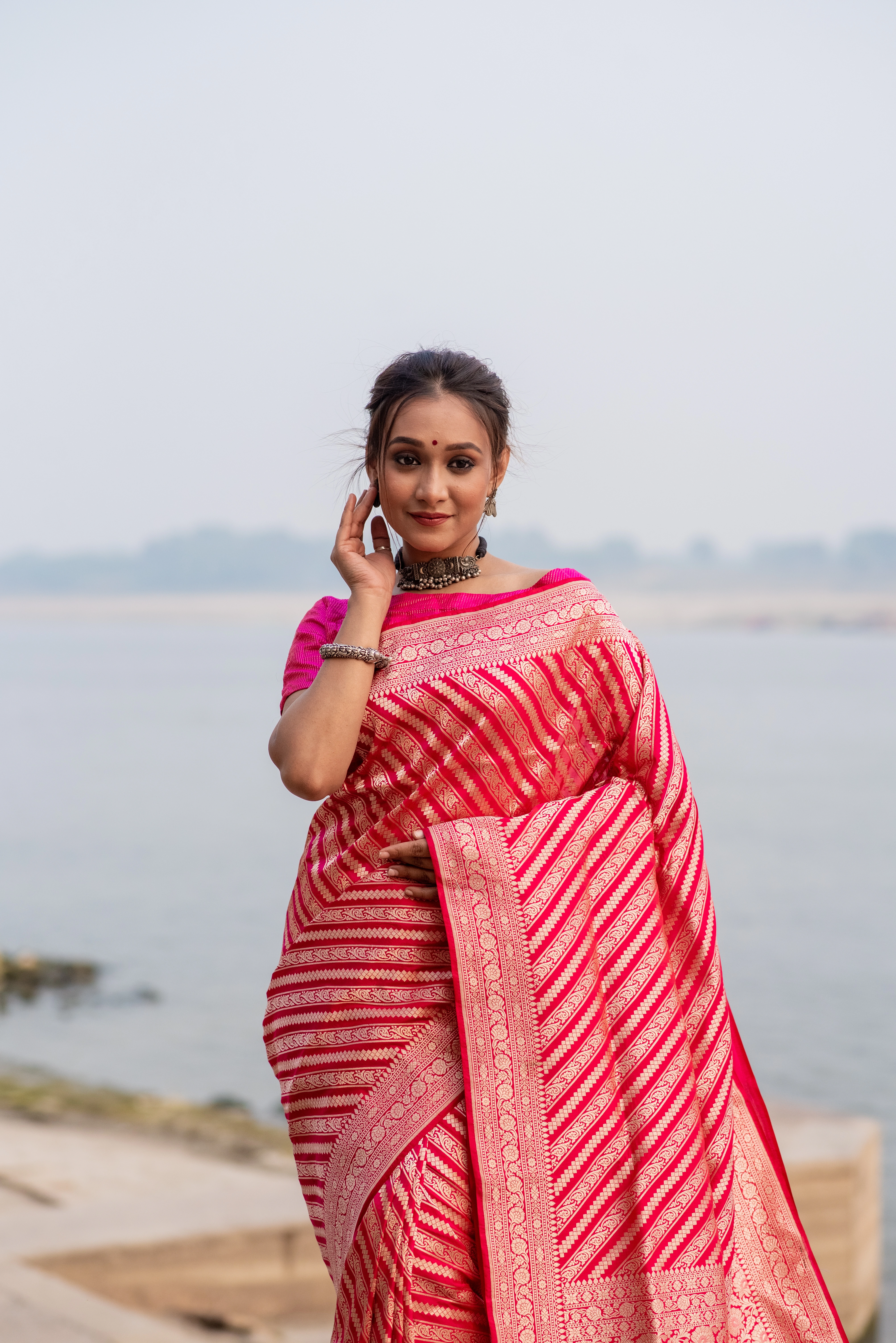 Pure Banarasi Katan Cutwork Ada Stripe Handloom Saree-Red-1