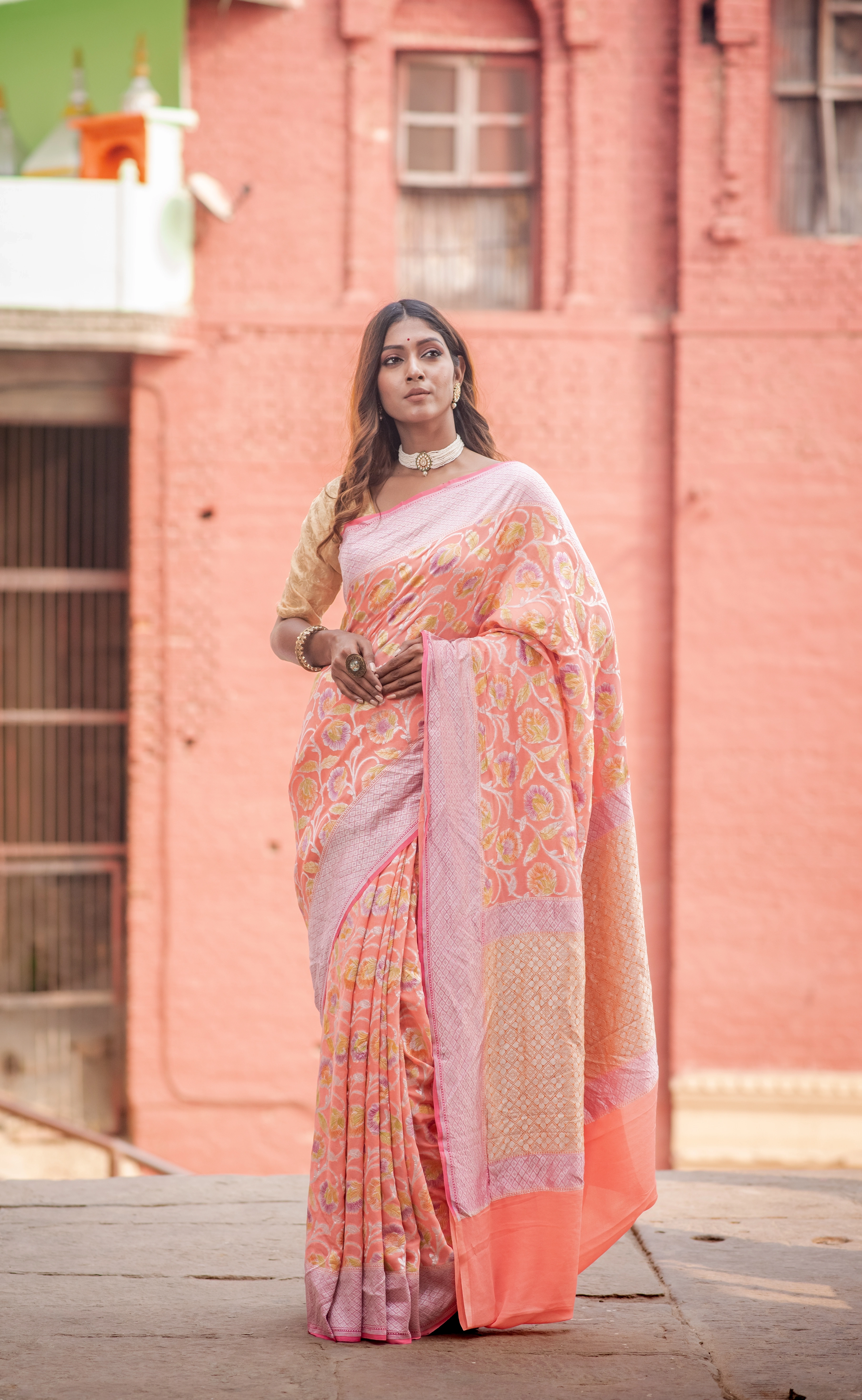 Pure Khaddi Georgett Rungkaat Banaras Handloom Saree-Rung1005