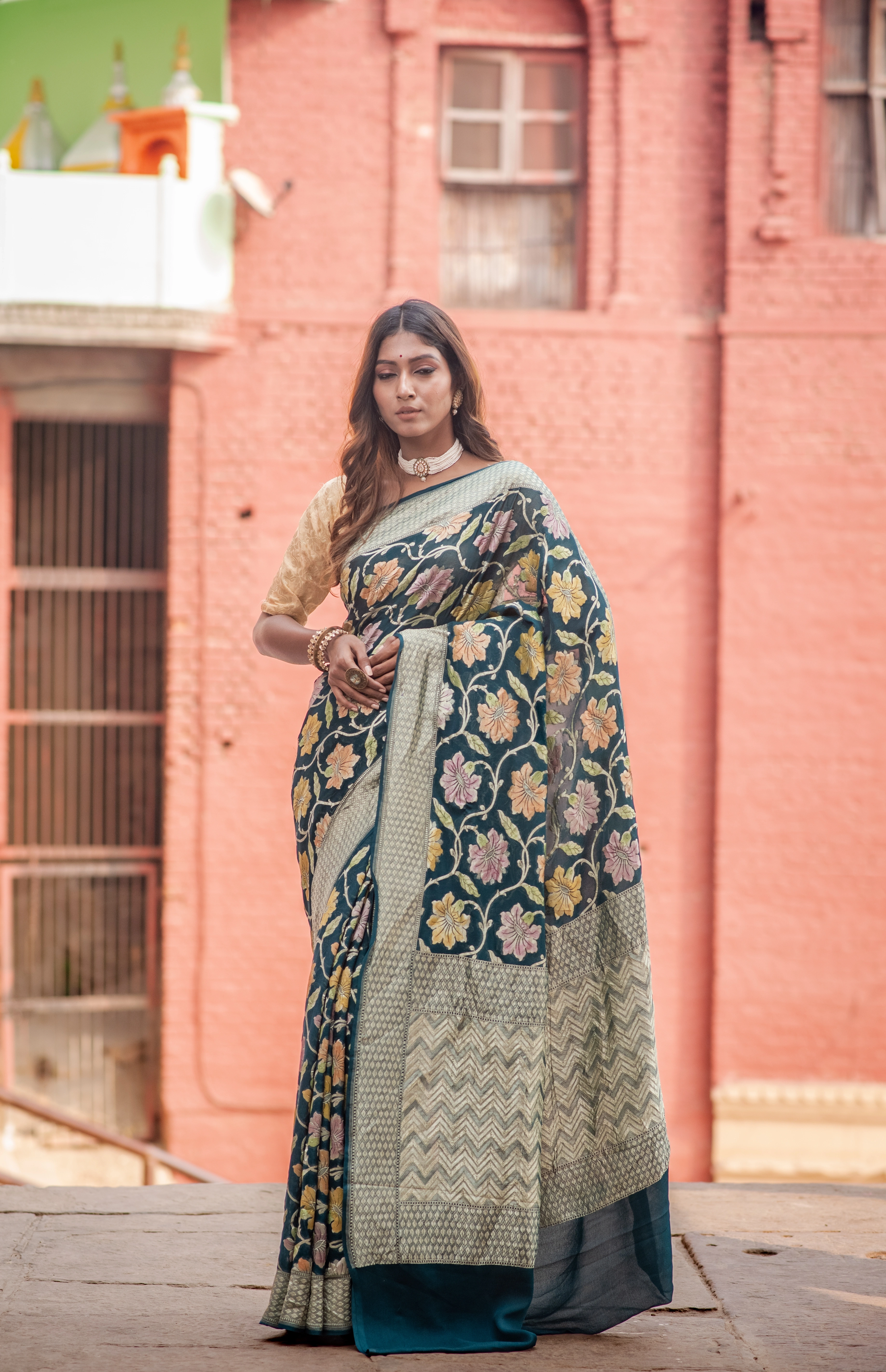 Pure Khaddi Georgett Rungkaat Banaras Handloom Saree-Rung1006