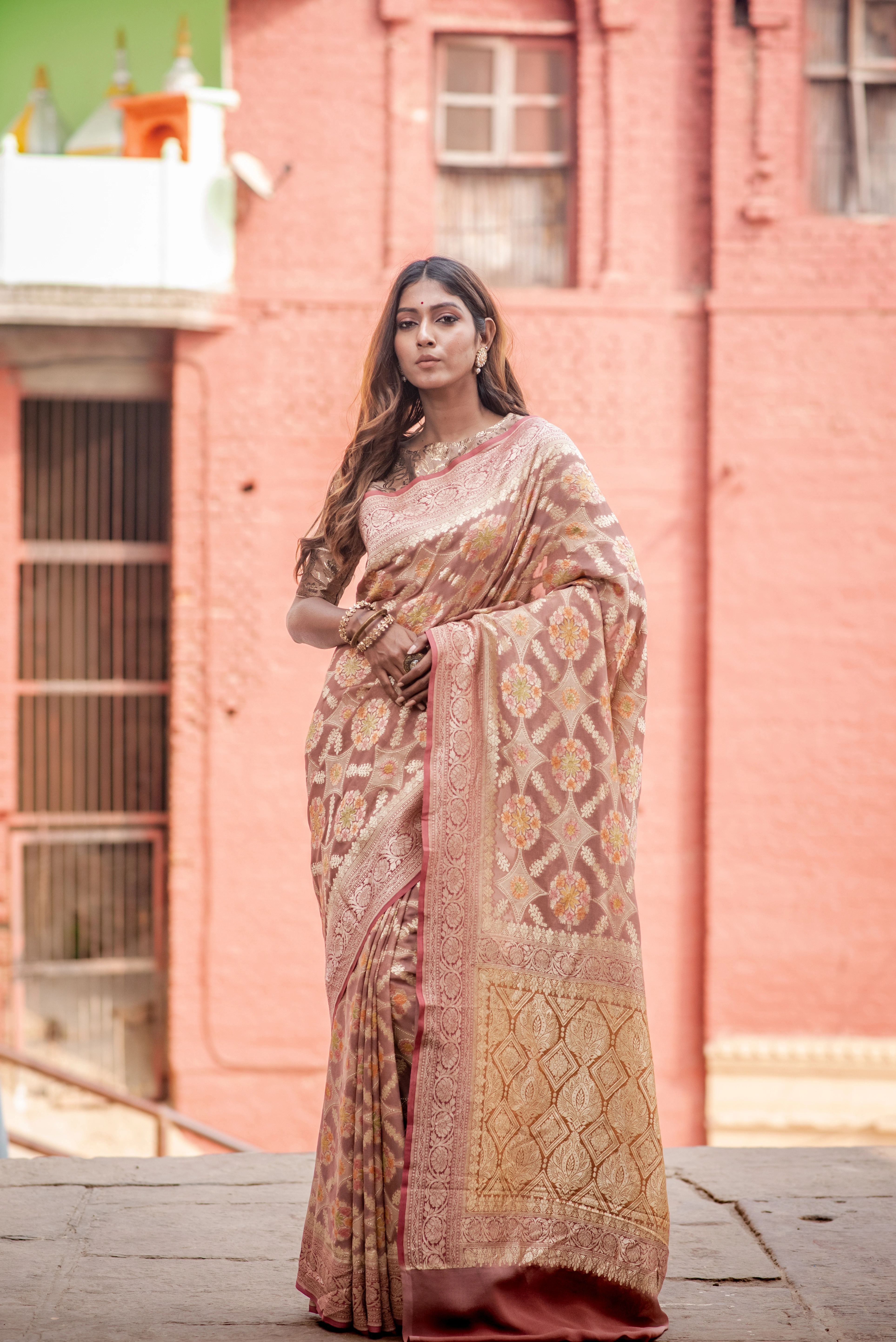 Pure Khaddi Georgette Banaras Handloom Saree-Rung1008