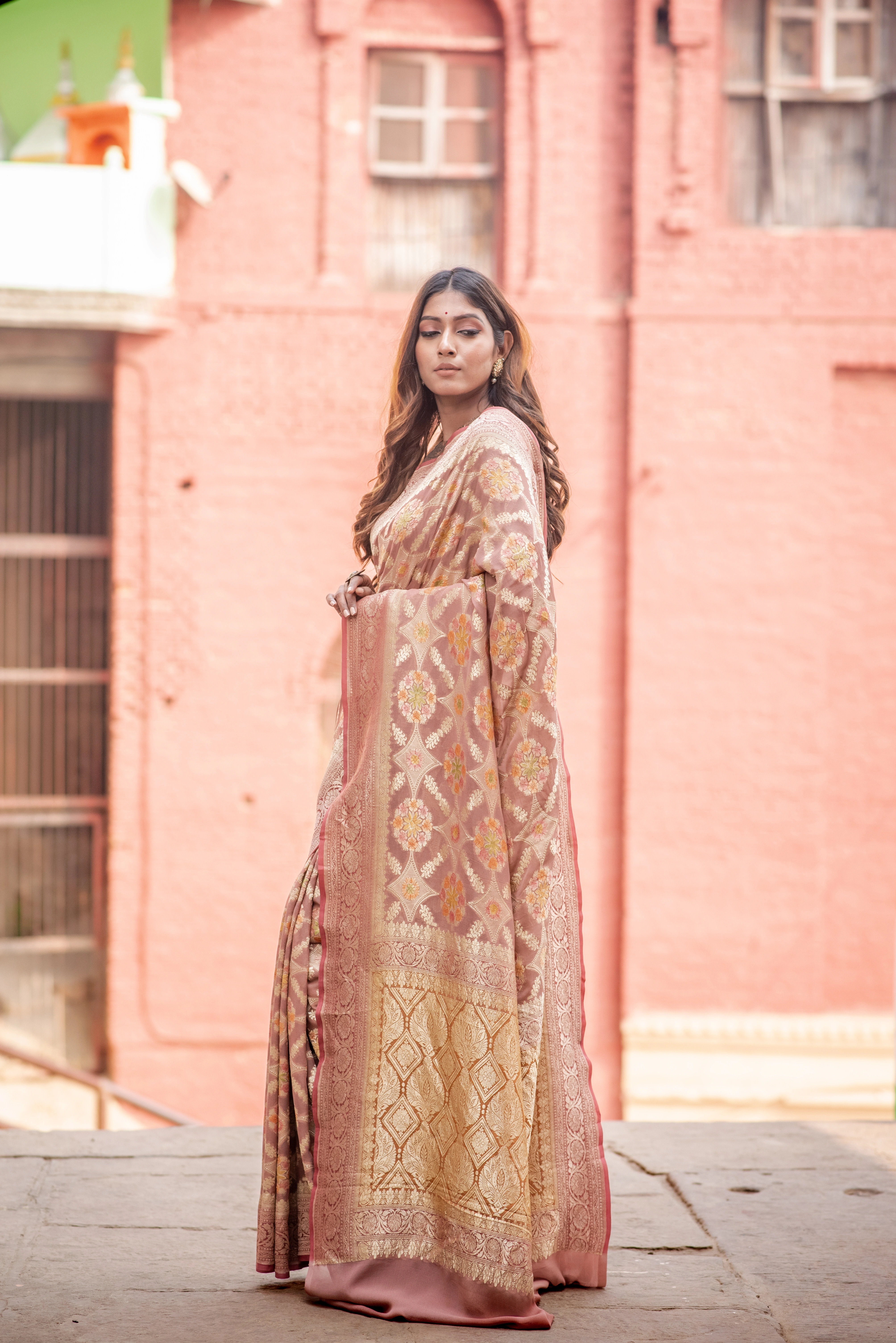 Pure Khaddi Georgette Banaras Handloom Saree-Brown Baige-2