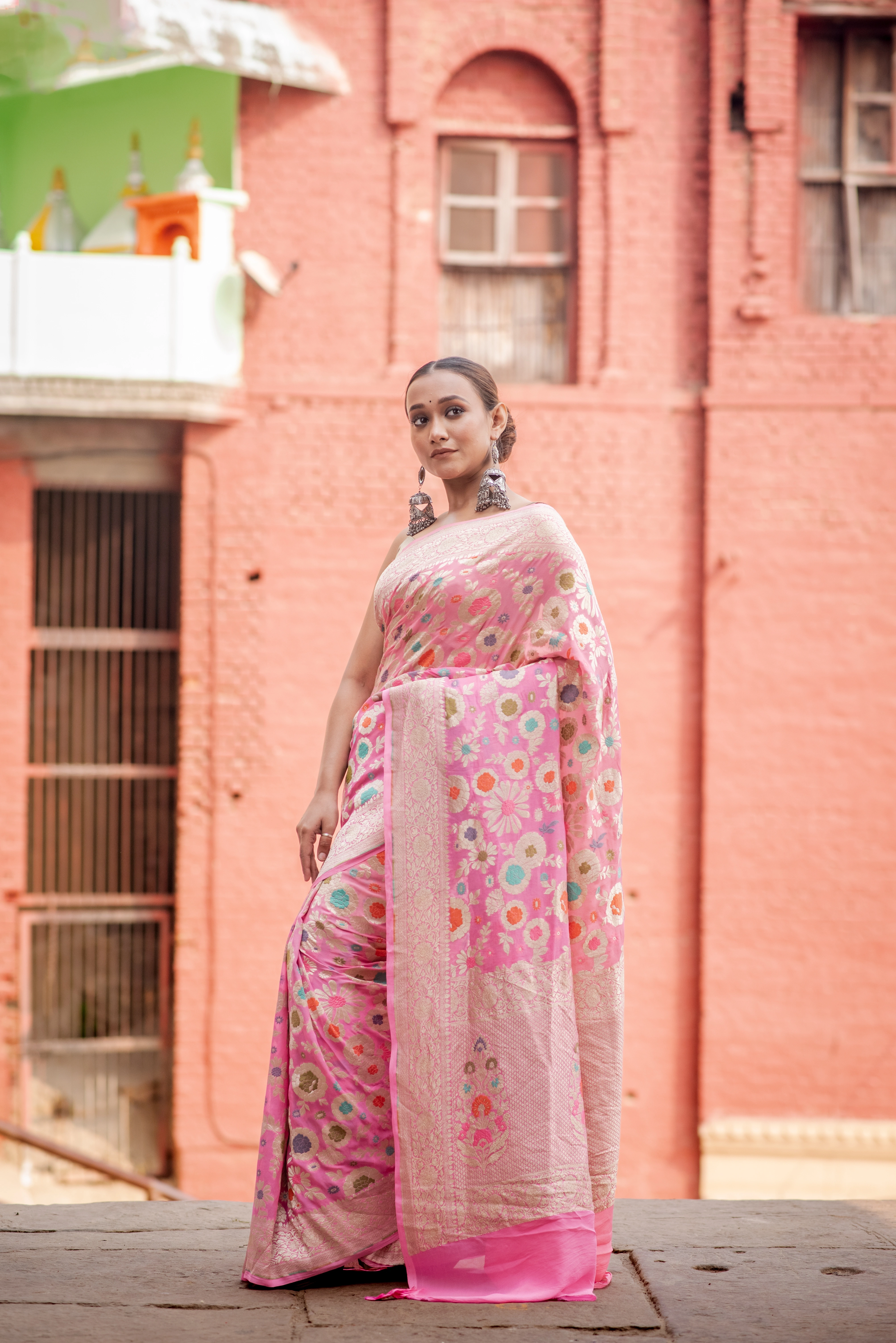 Pure Khaddi Georgette Meenakari Banaras Handloom Saree-Baby Pink-1