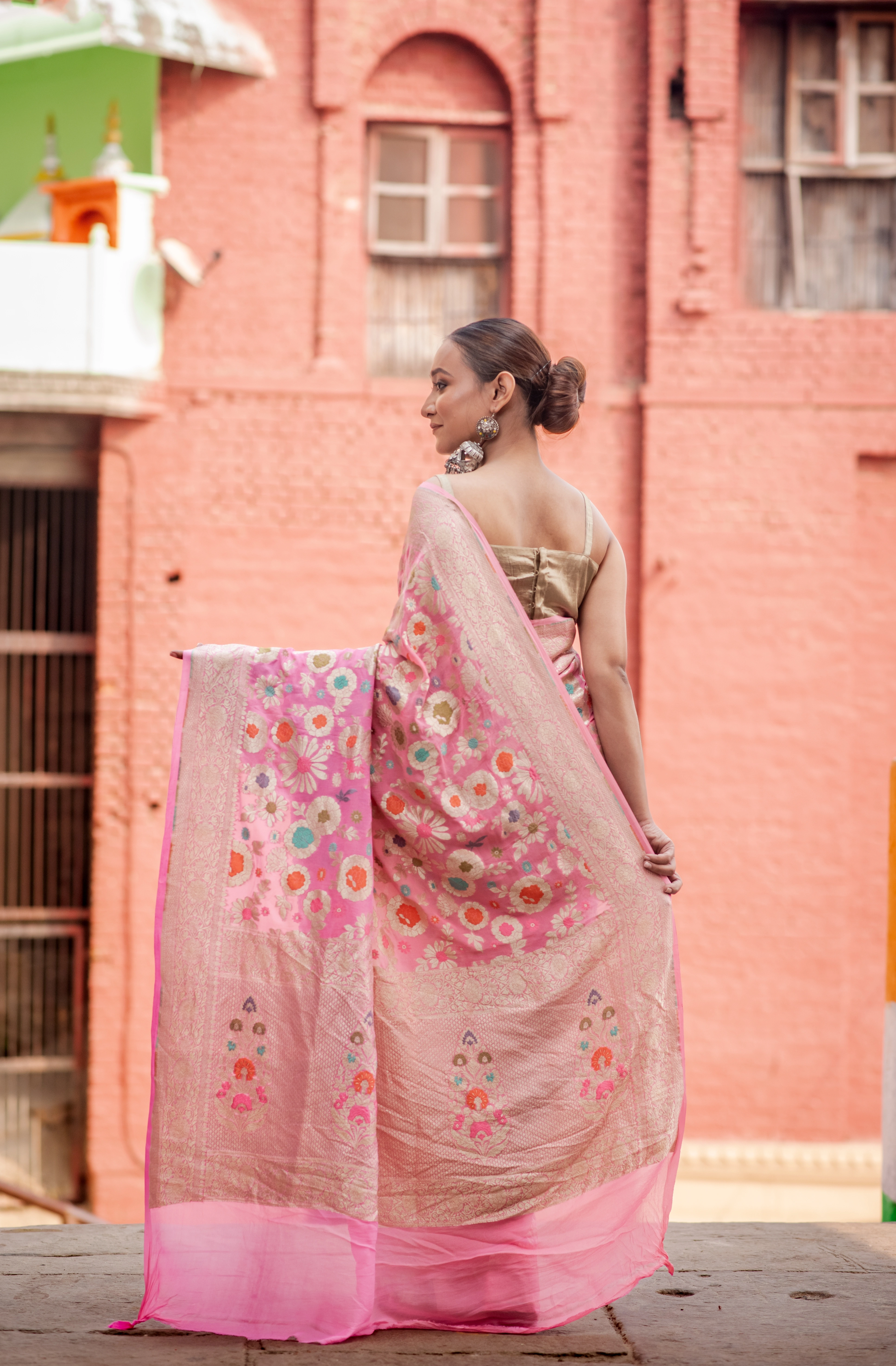 Pure Khaddi Georgette Meenakari Banaras Handloom Saree-Baby Pink-2