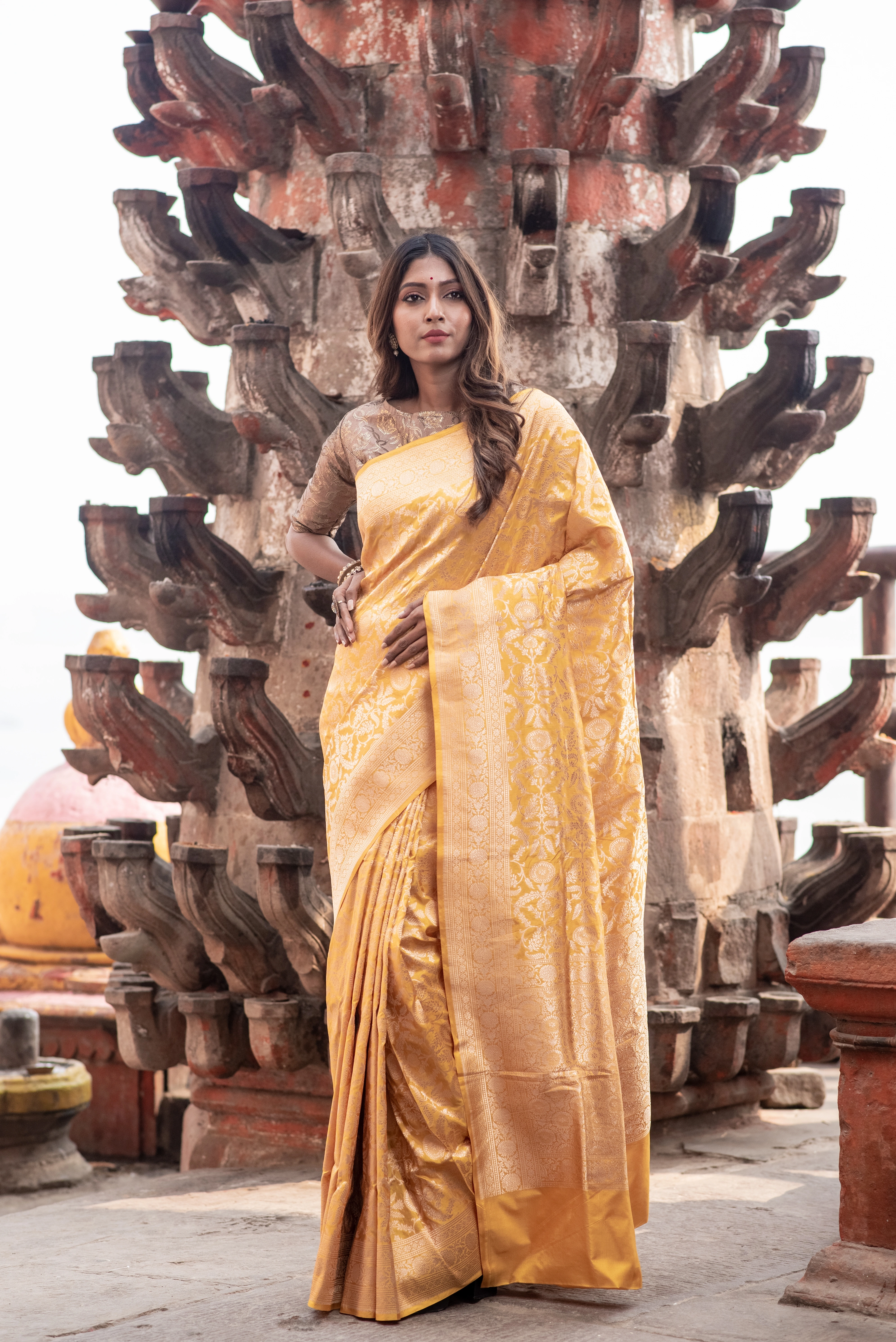 Pure Katan Tanchoi Banarasi Handloom Saree-Yellow-1