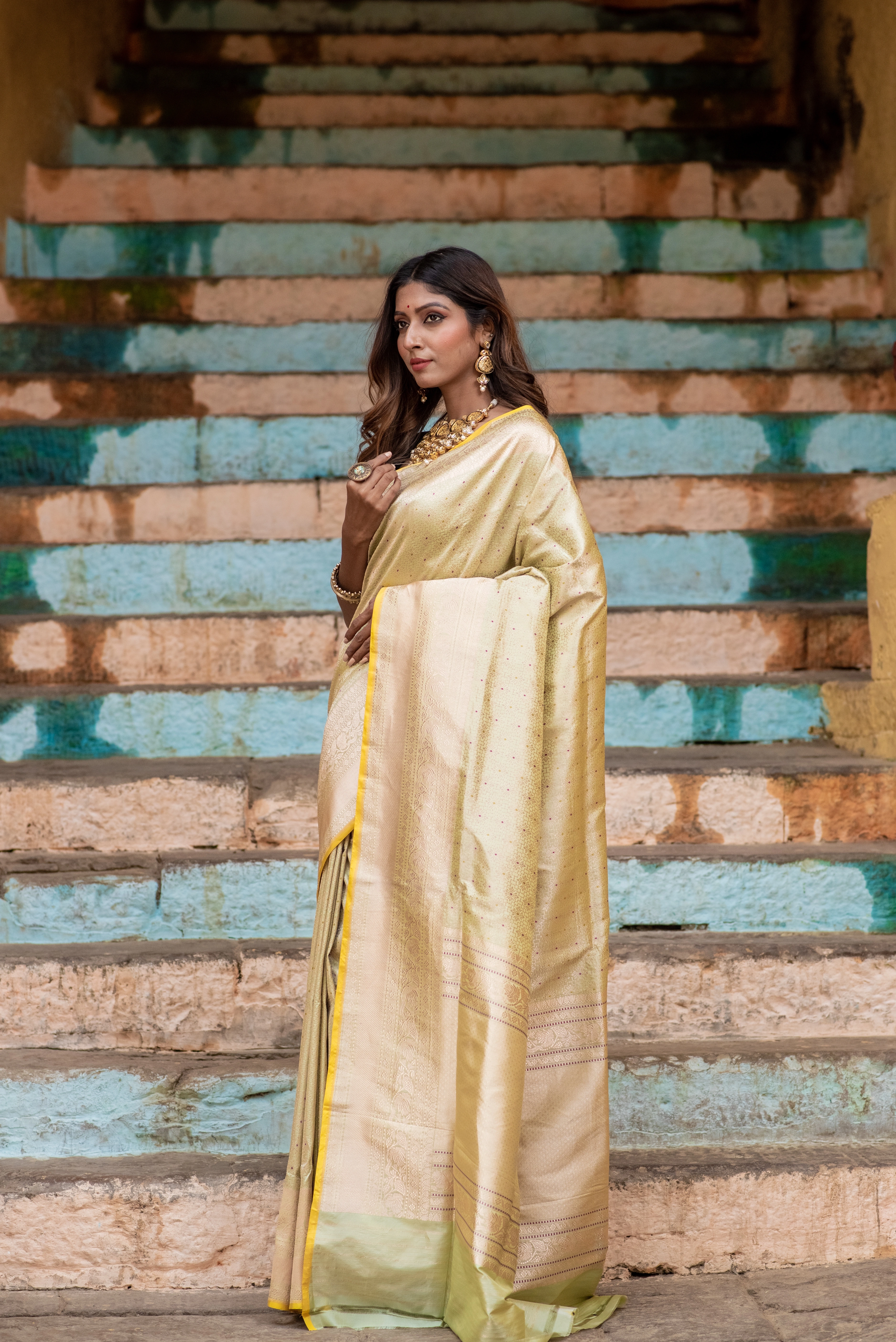 Luxury Pure Katan Meenakari Brocade Banaras Handloom Saree - Traditional Elegance-Golden-4