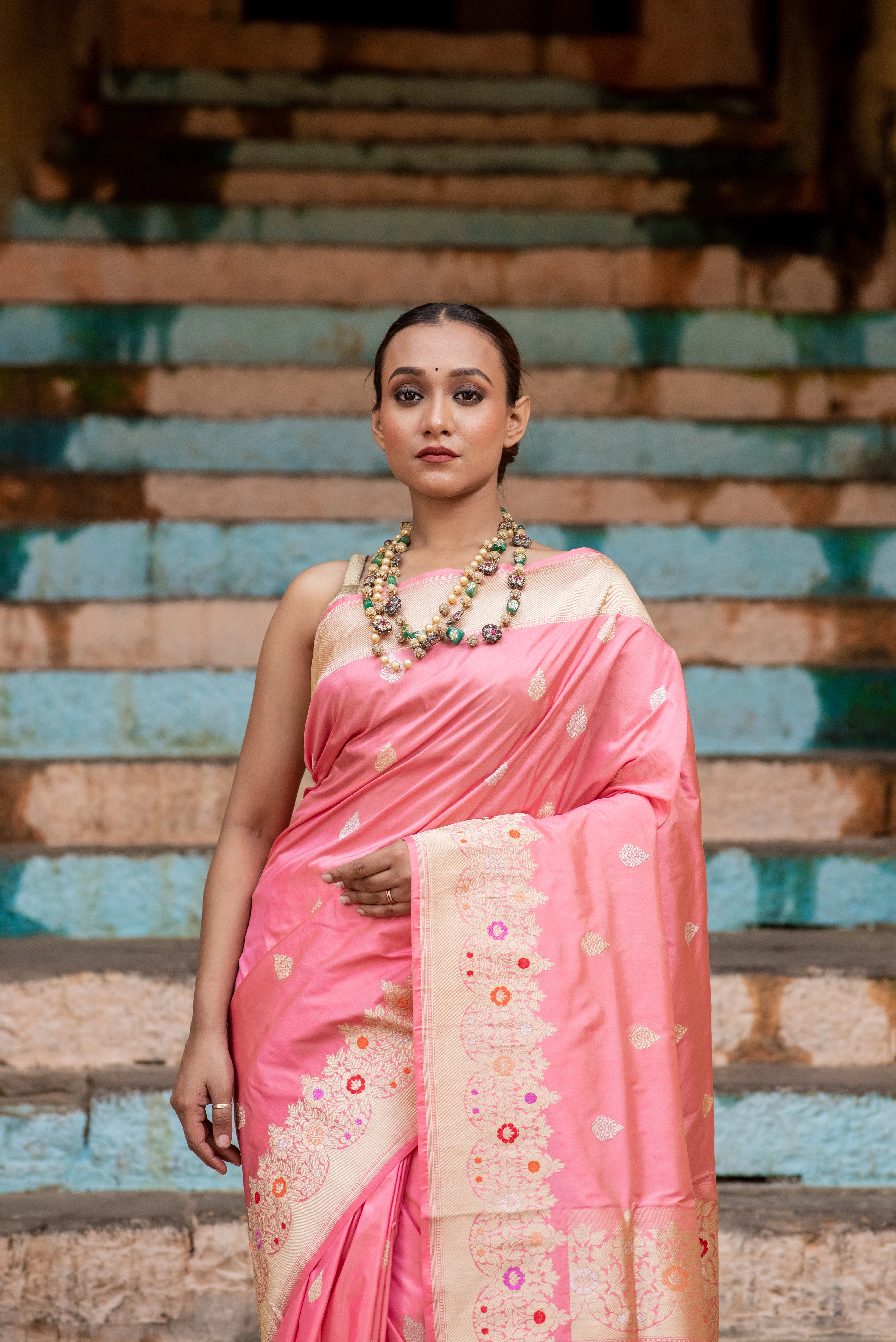 Baby Pink Pure Katan Belbooti with Meena Border Banaras Handloom Saree-Rung1028