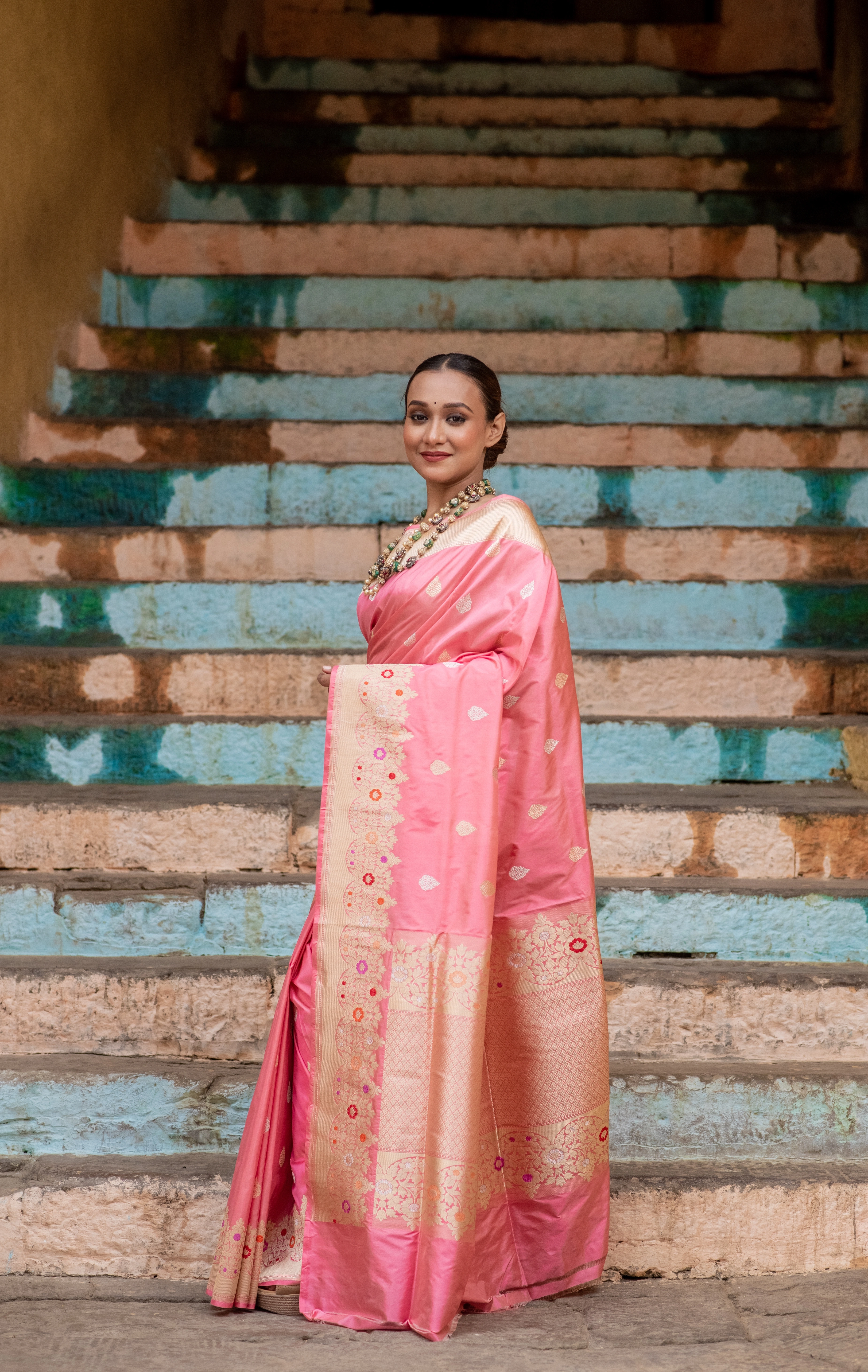 Baby Pink Pure Katan Belbooti with Meena Border Banaras Handloom Saree-Baby Pink-4