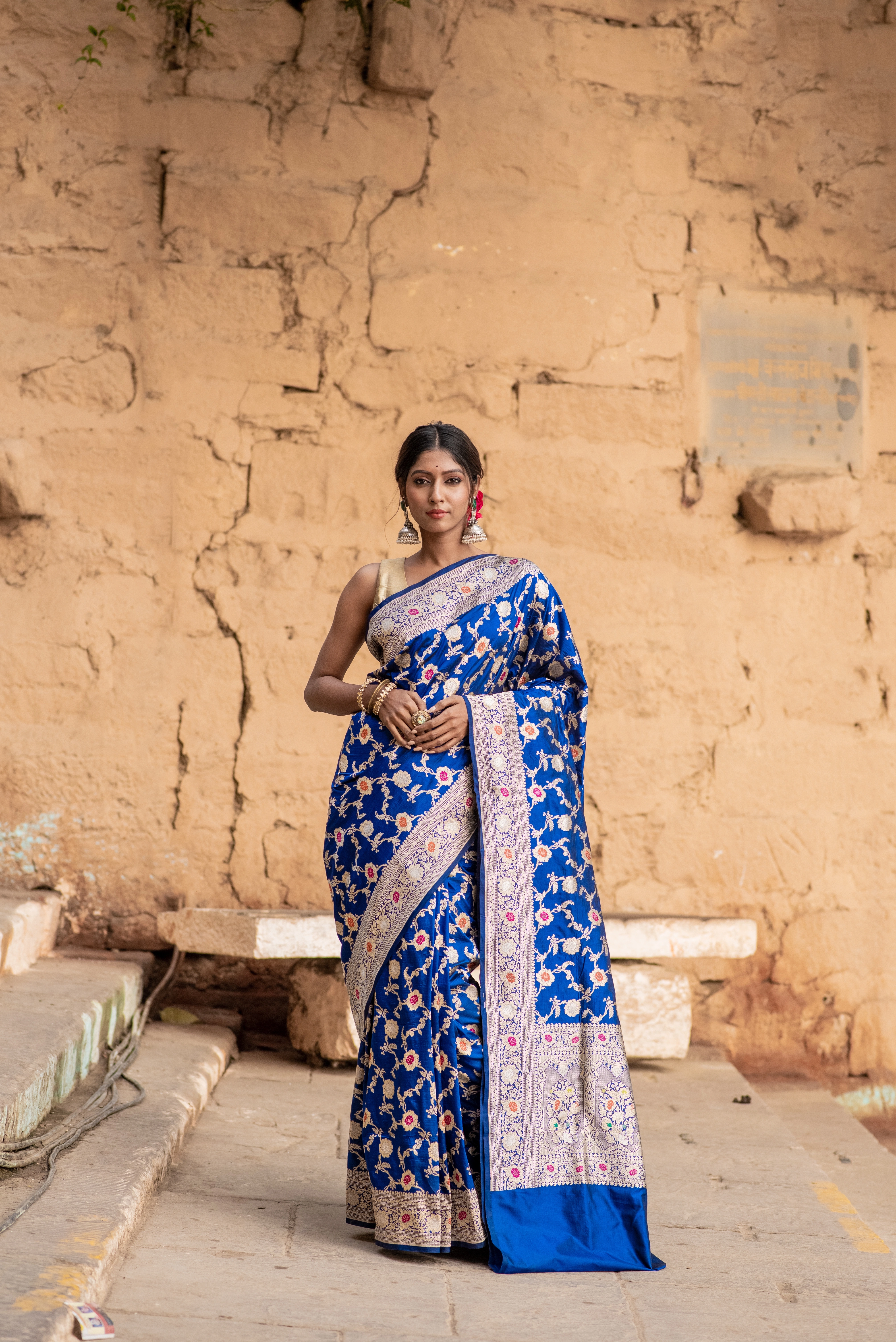 Pure Banarasi Katan jangla Meena Handloom Saree-Blue-2