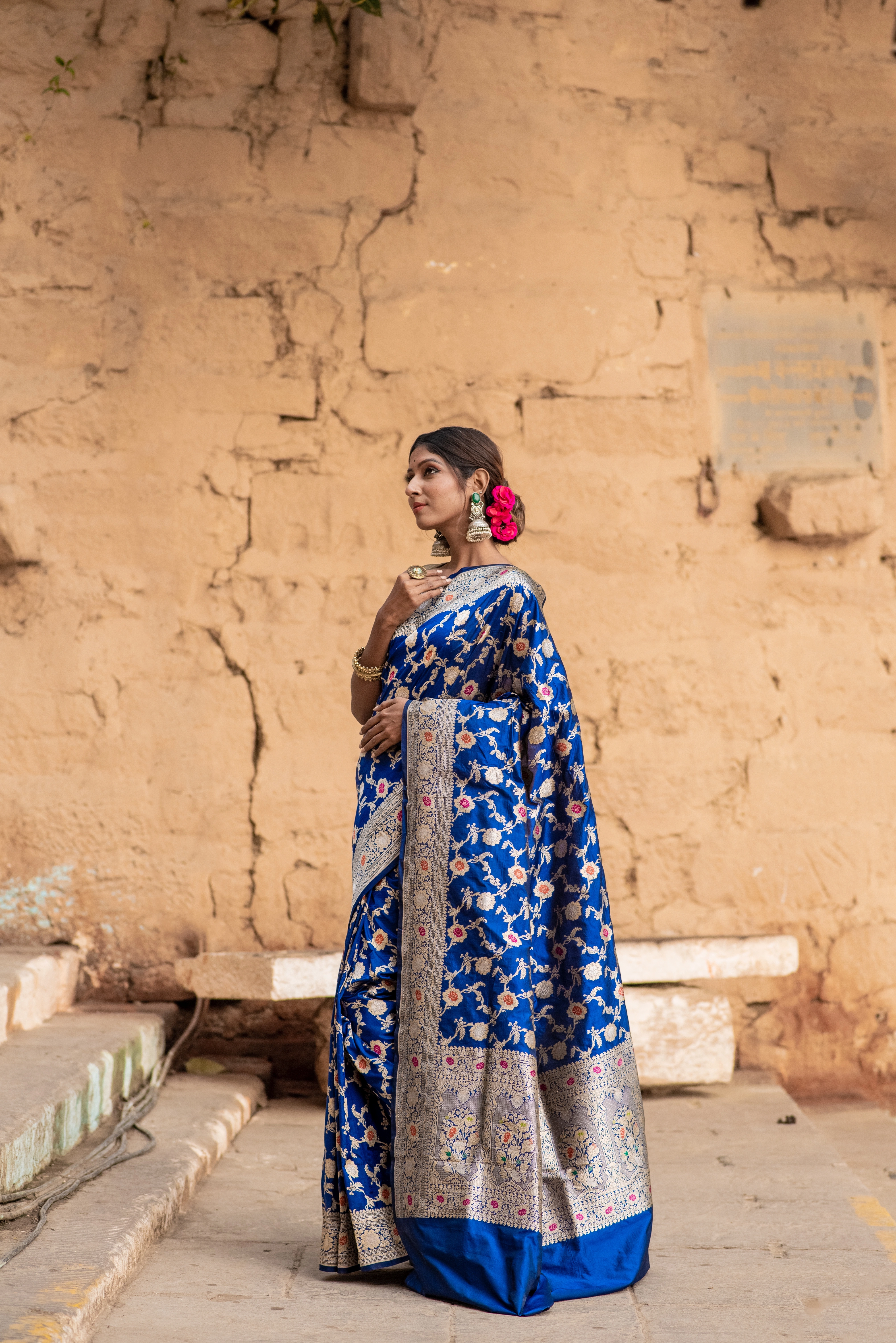 Pure Banarasi Katan jangla Meena Handloom Saree-Blue-4