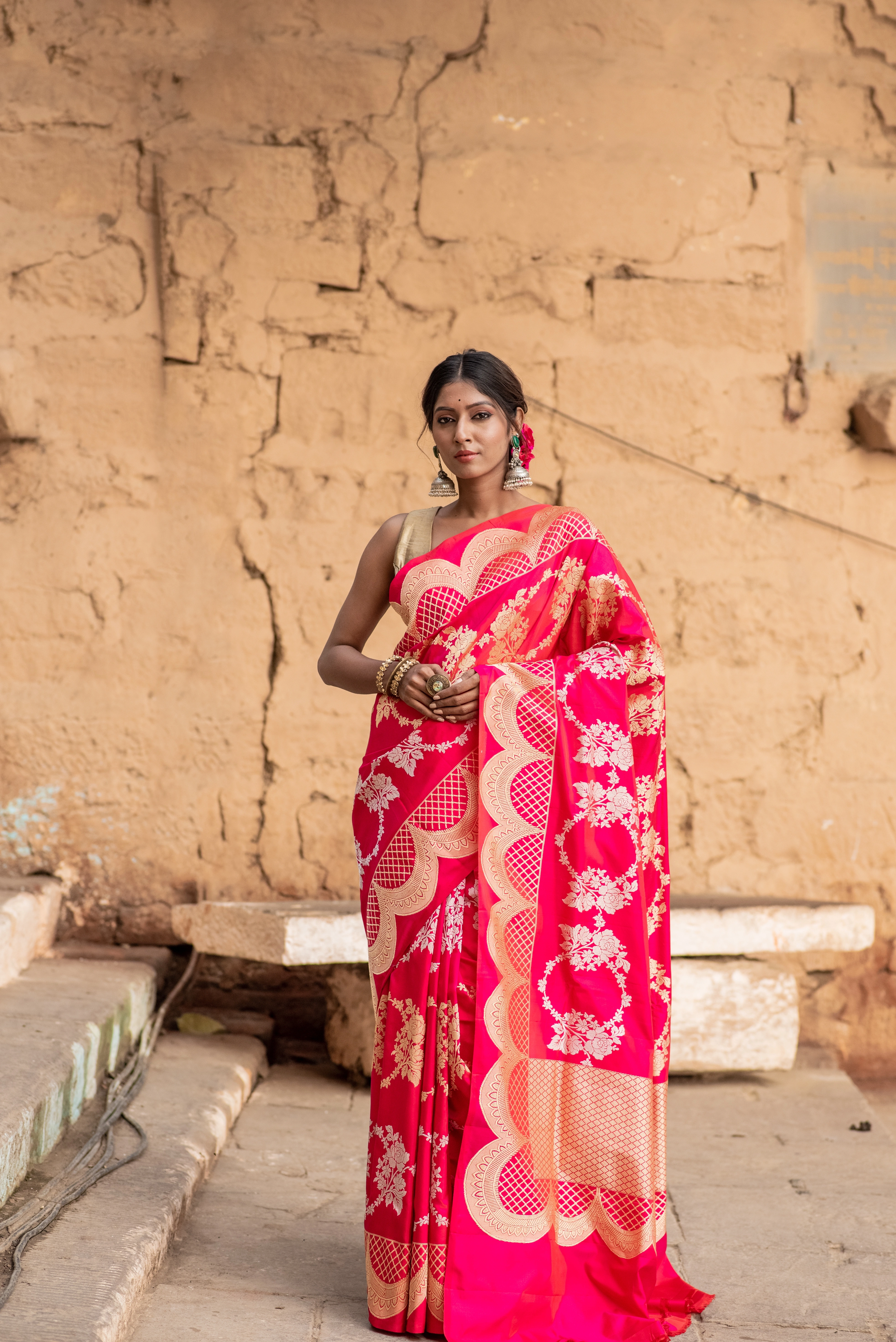 Pure Banarasi Katan Jangla with Scallop Handloom Saree-Pink-2