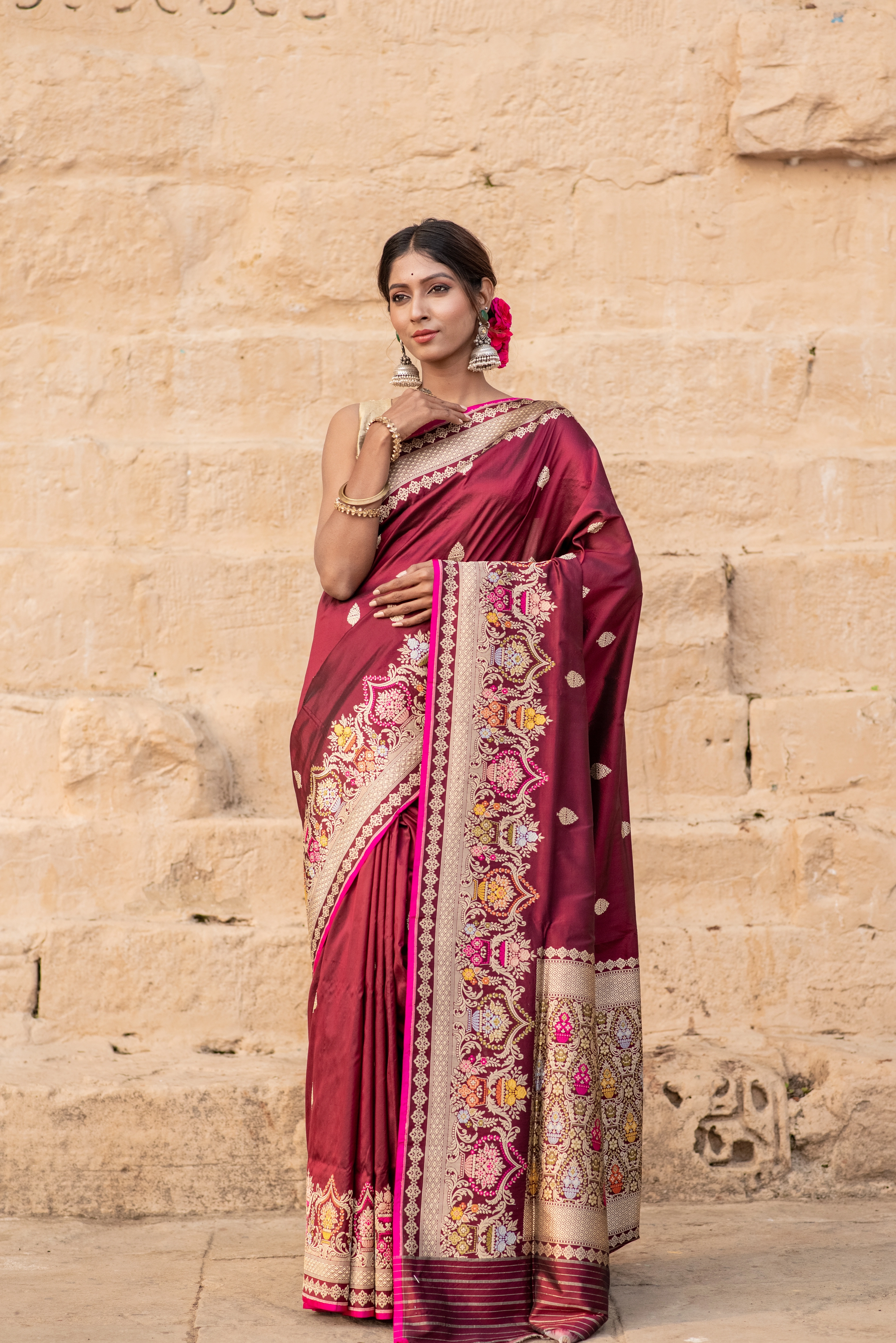 Pure Katan Kadhiyal Booti Silk Saree with Meena Border | Banaras Craftsmanship-Maheroon-2