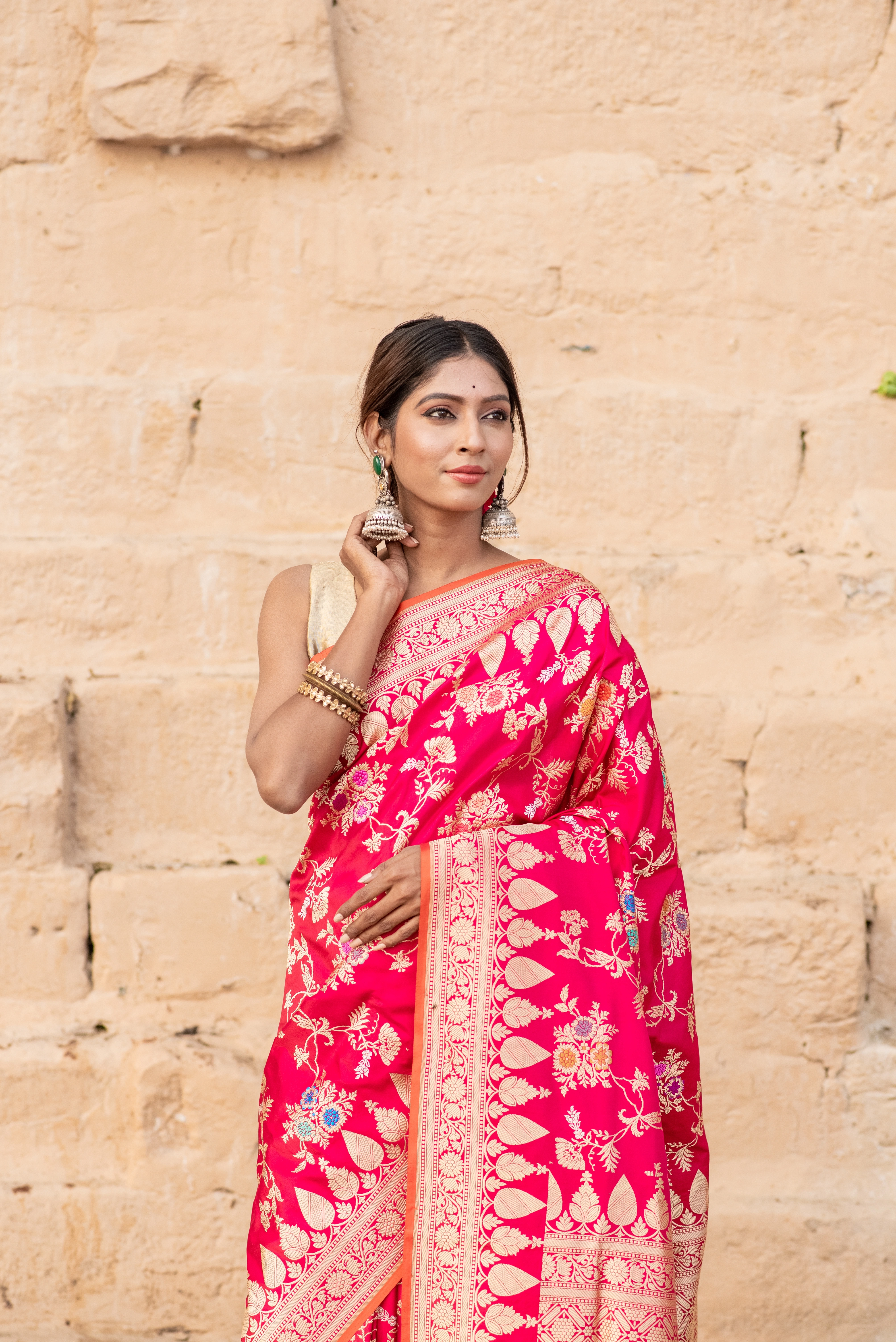 Pure Katan Kadhwa Meenakari Jangla Alfi Banaras Handloom Saree-Rung1038