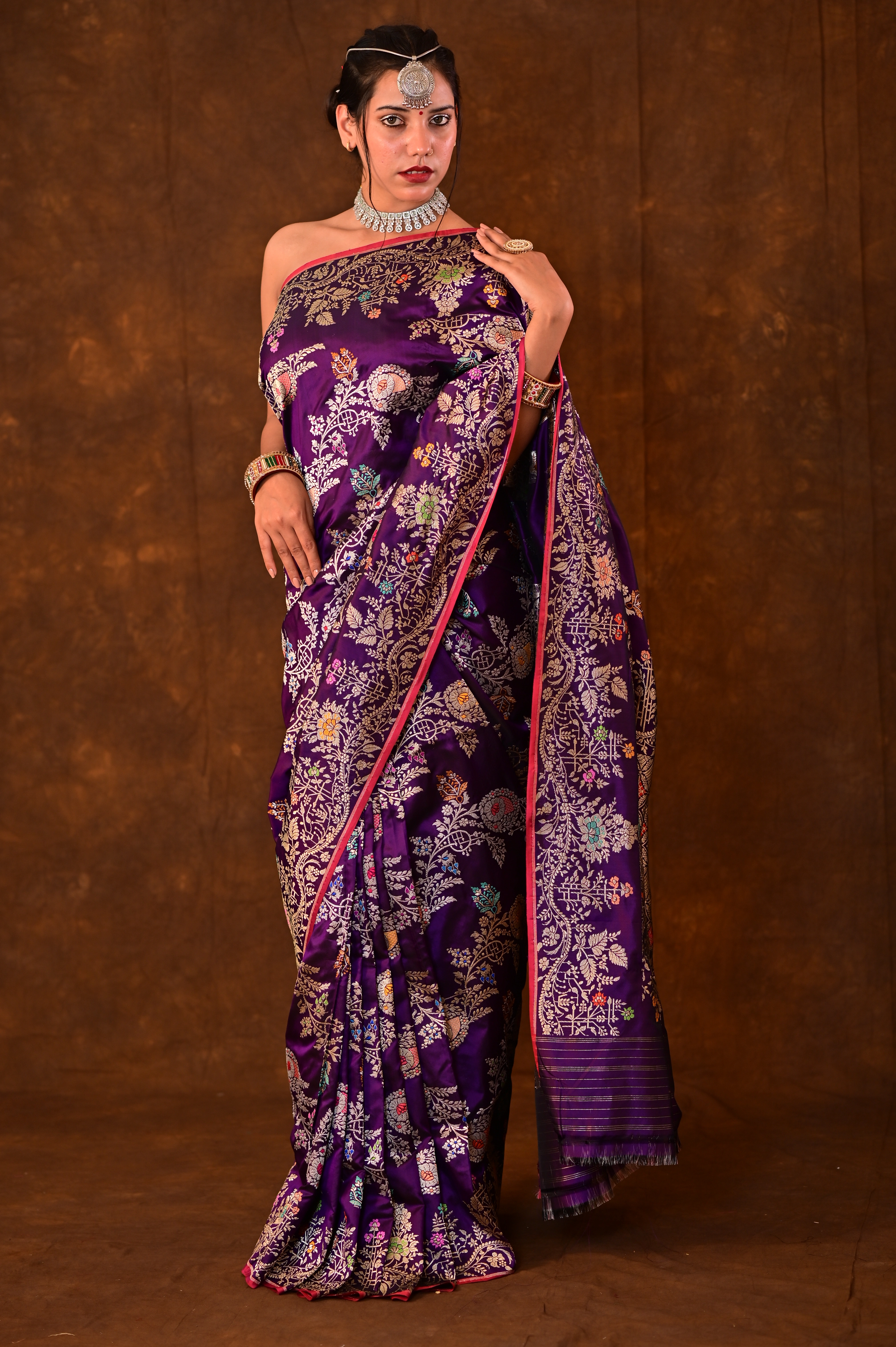 Pure Katan Jangla Menakari Tilfei Banarasi Handloom Saree-Pulple-4