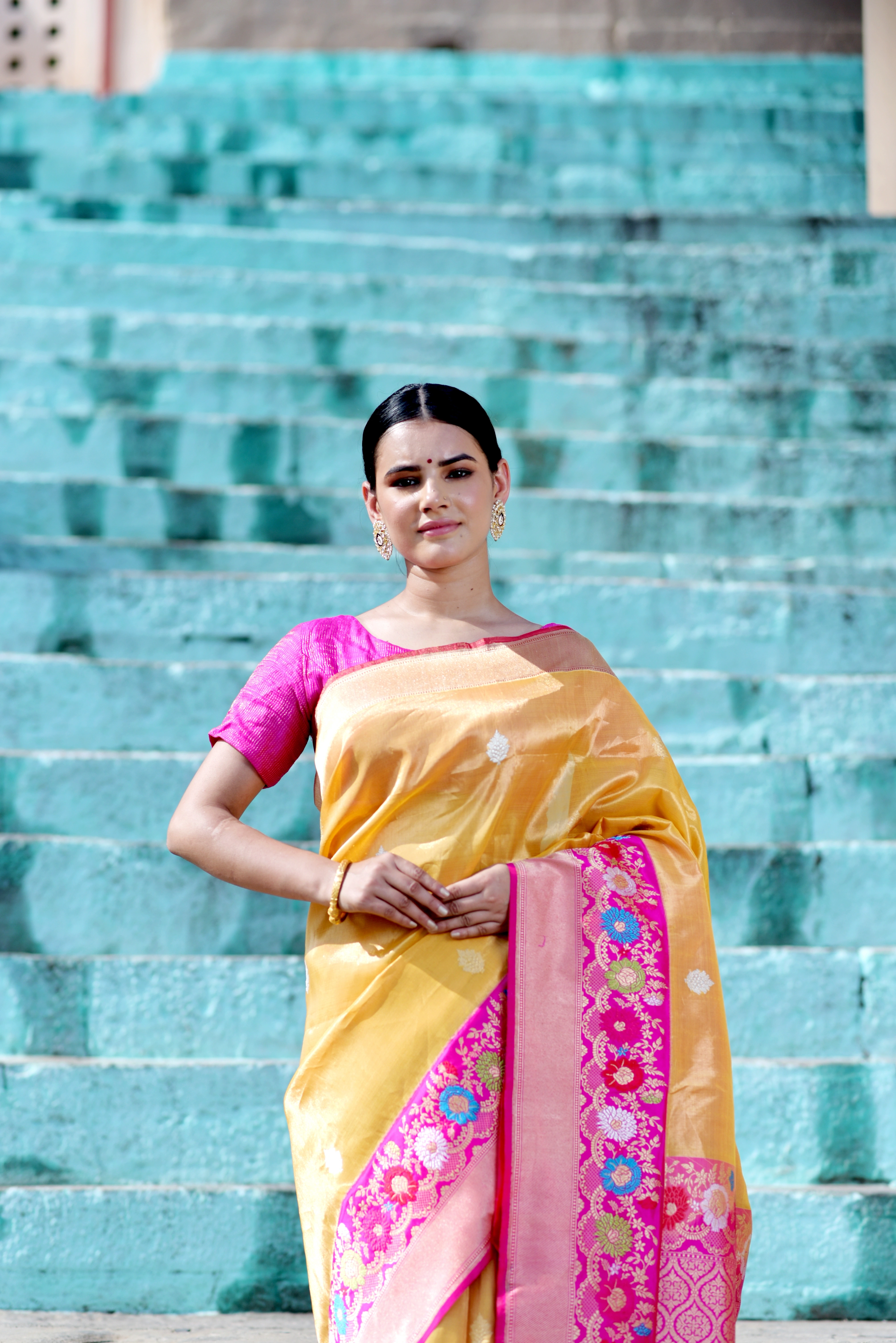 Yellow &amp; Pink Pure Katan Tissue Banaras Handwoven Saree-Rung1051