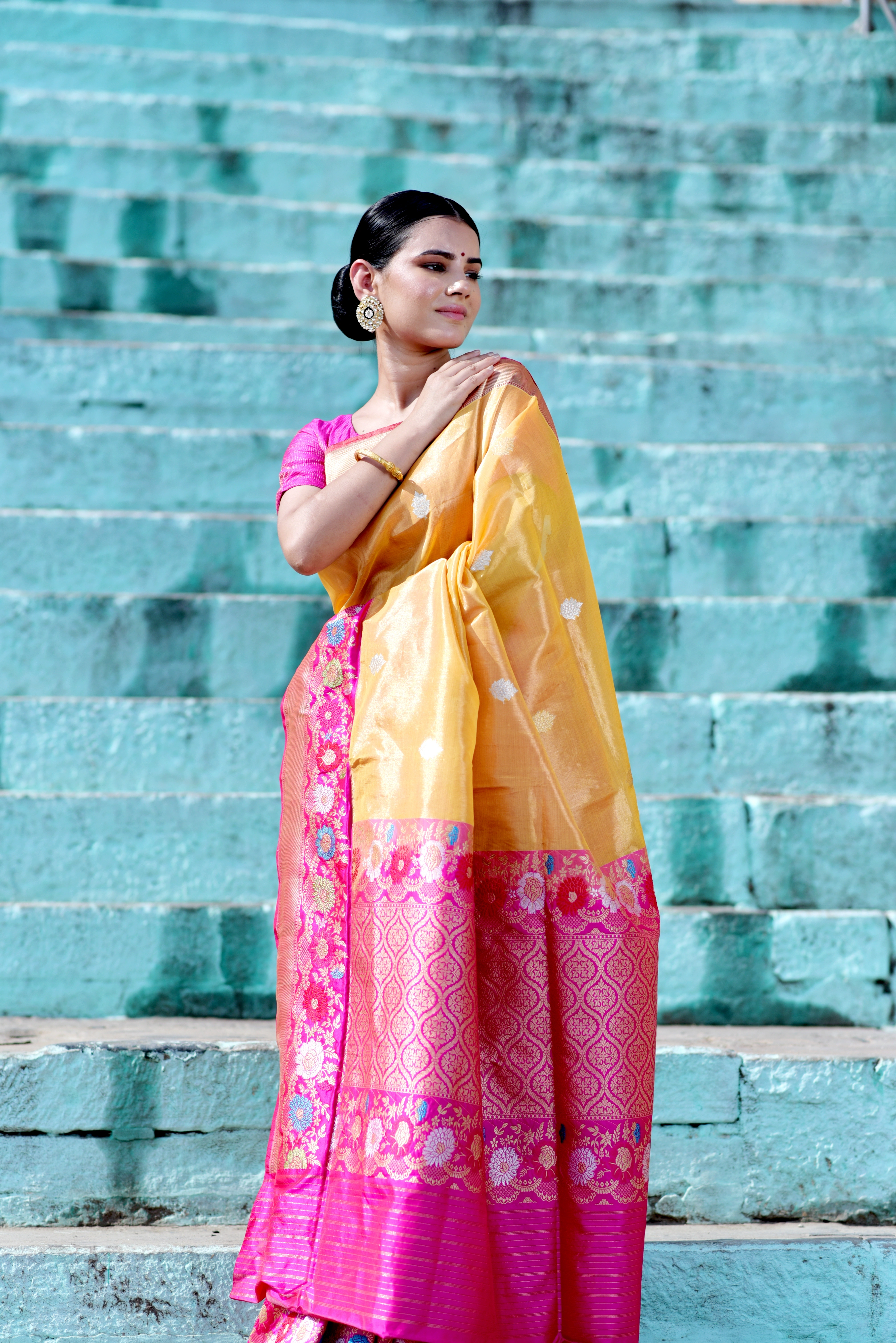 Yellow &amp; Pink Pure Katan Tissue Banaras Handwoven Saree-Yellow-2