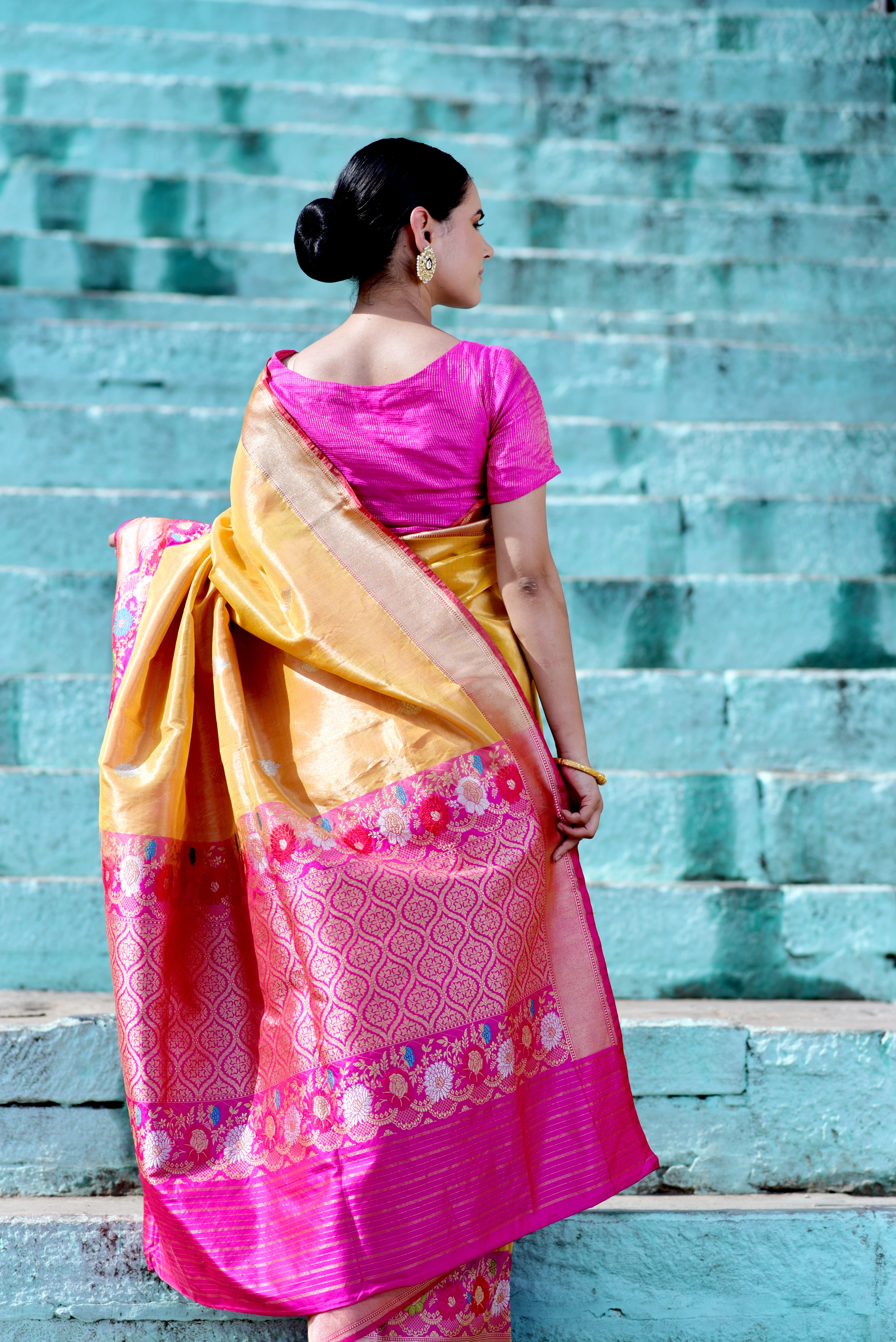 Yellow &amp; Pink Pure Katan Tissue Banaras Handwoven Saree-Yellow-3