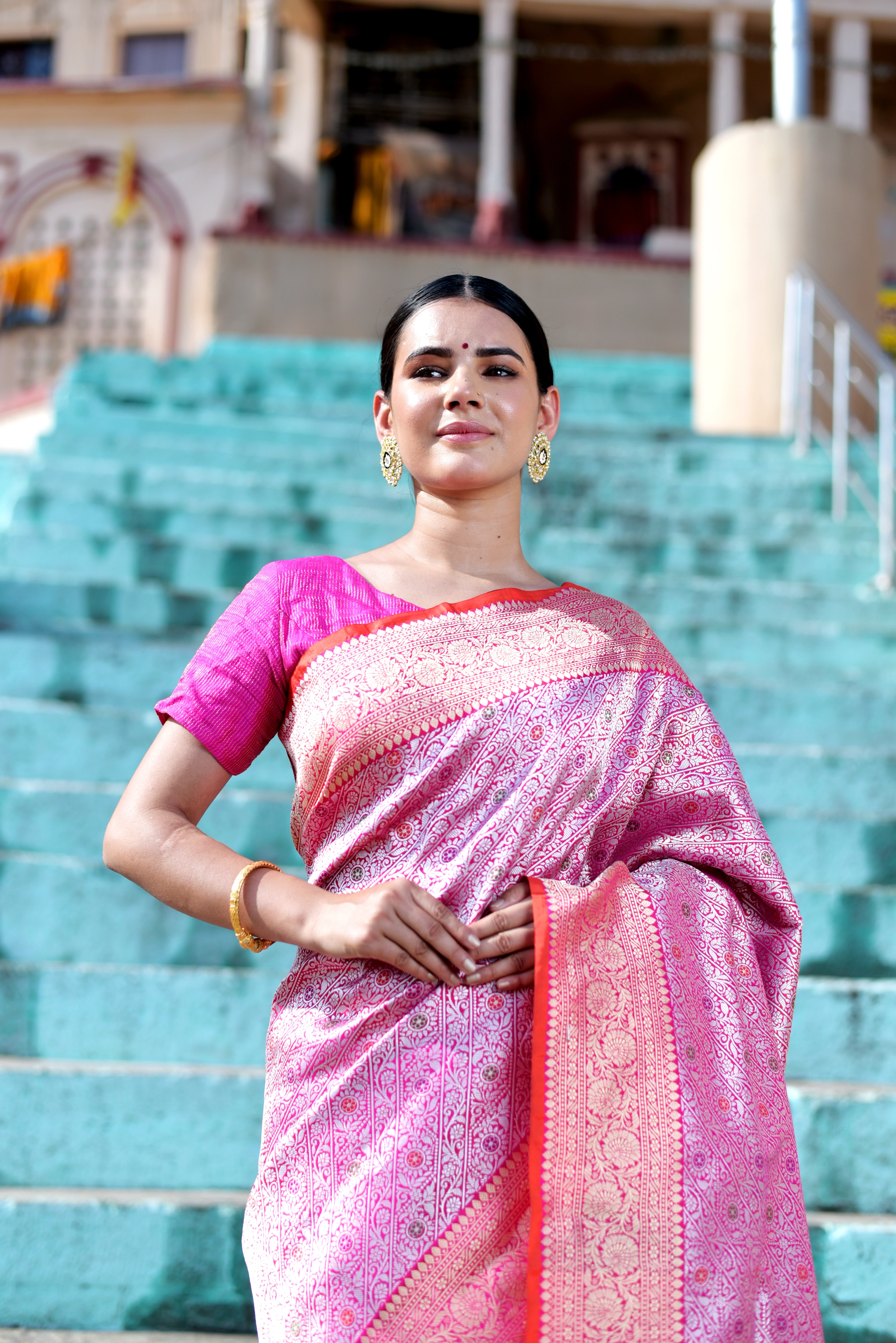 Pink Pure Katan Tanchui Banaras Handwoven Saree-Rung1054