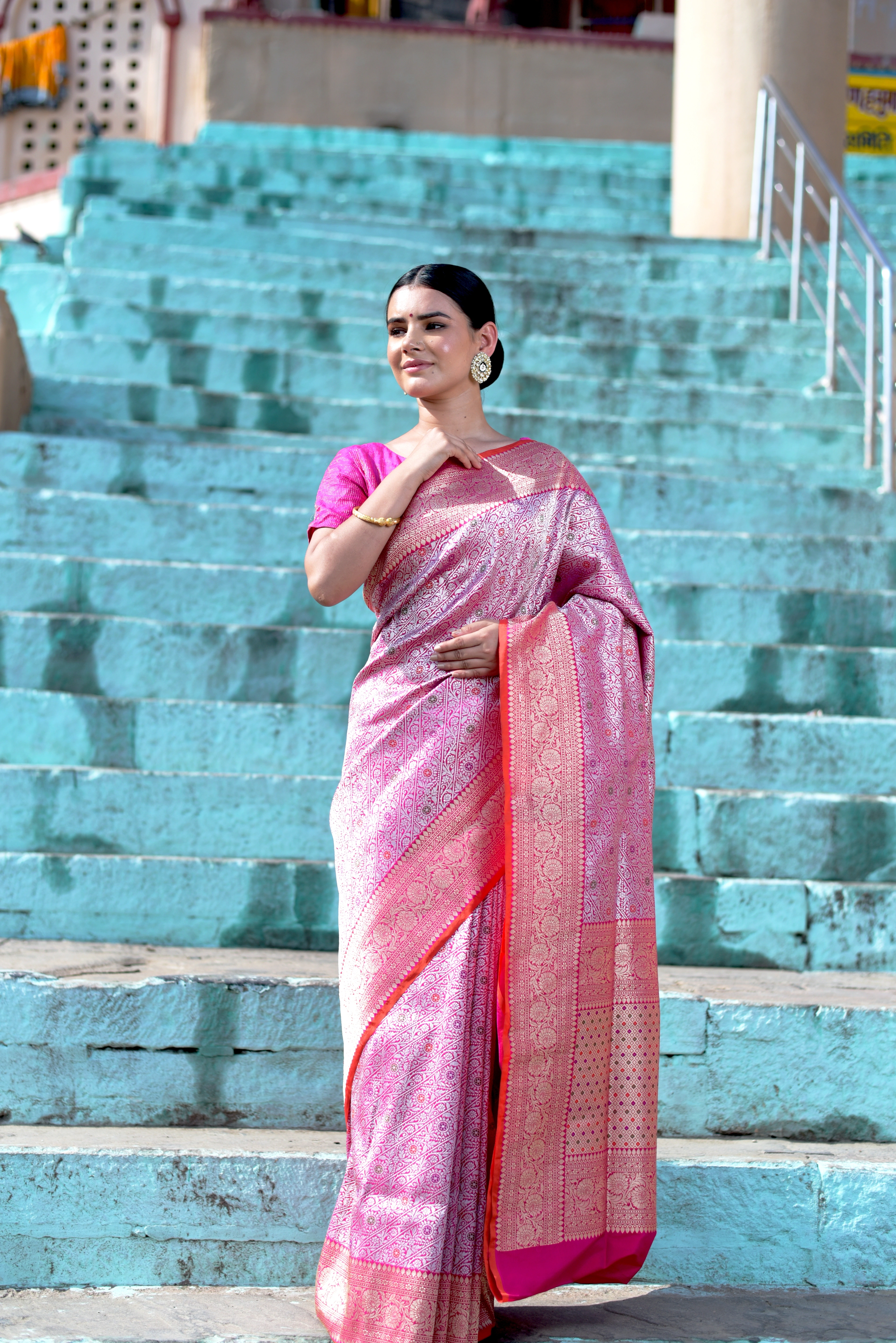 Pink Pure Katan Tanchui Banaras Handwoven Saree-Pink-1