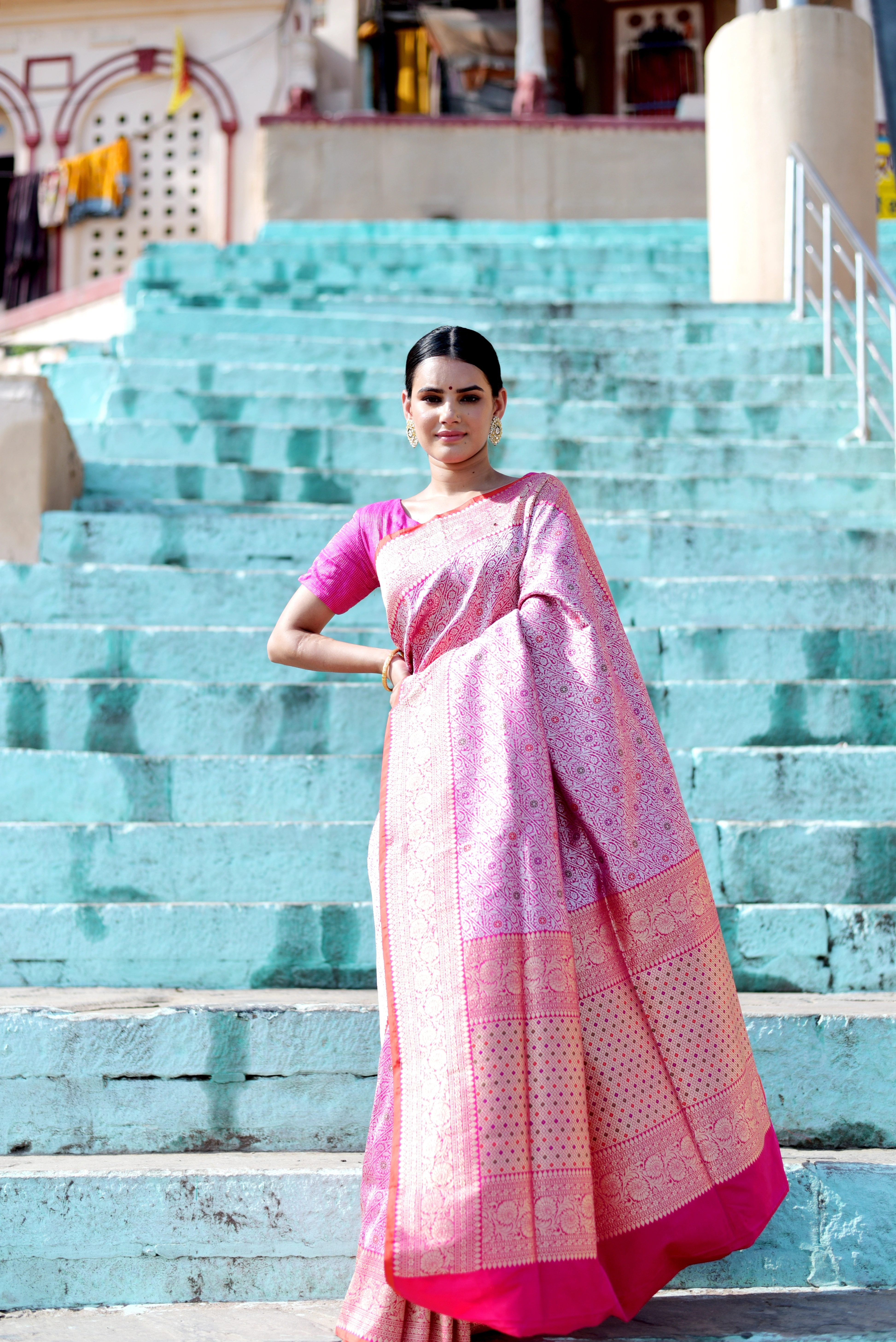 Pink Pure Katan Tanchui Banaras Handwoven Saree-Pink-2