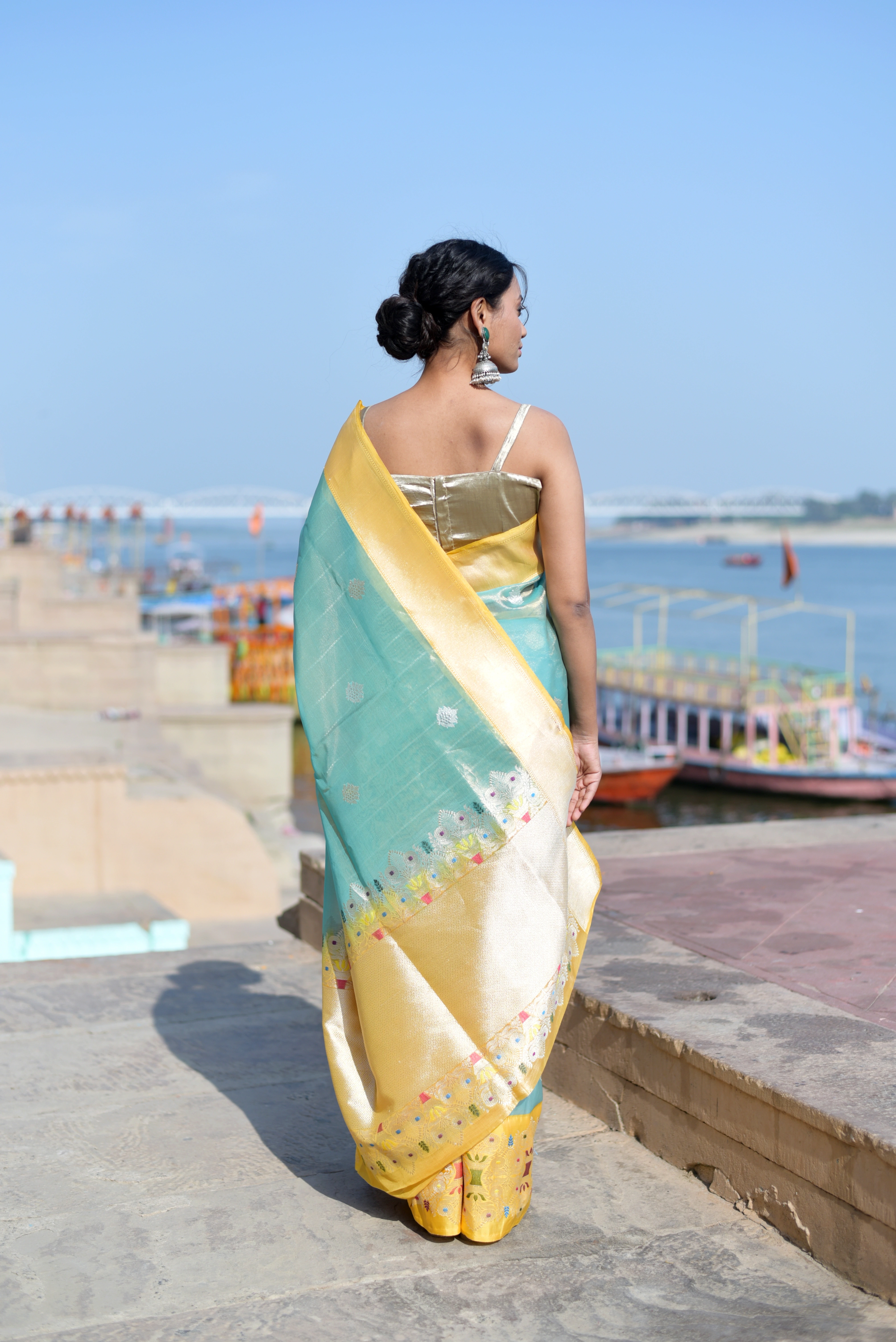 Light Blue &amp; Yellow Pure Katan Katan Tissue Banaras Handwoven Saree-Light Blue-3