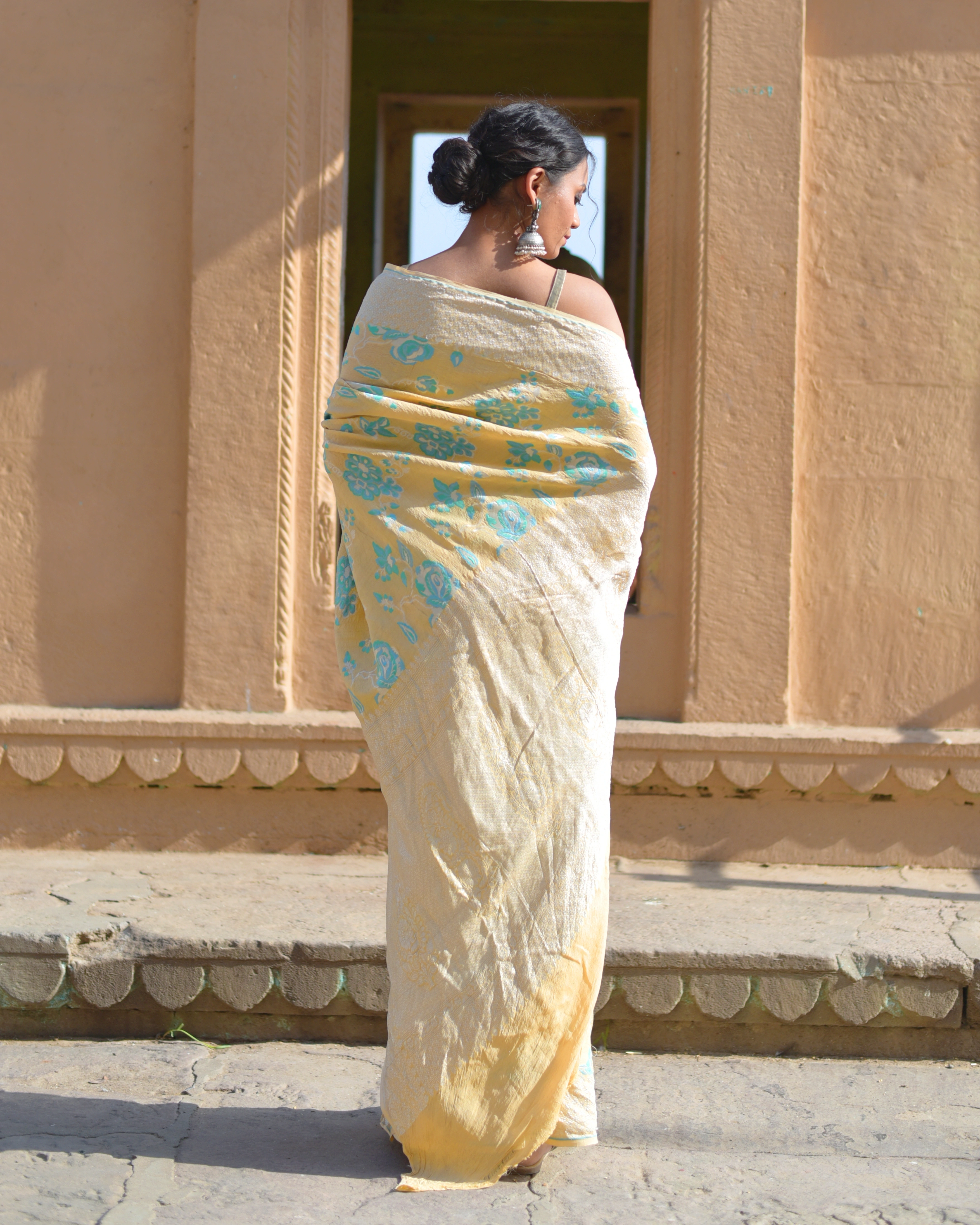 Lemon Yellow Pure Tussar Georgette Banaras Handloom Saree-Lemon-3