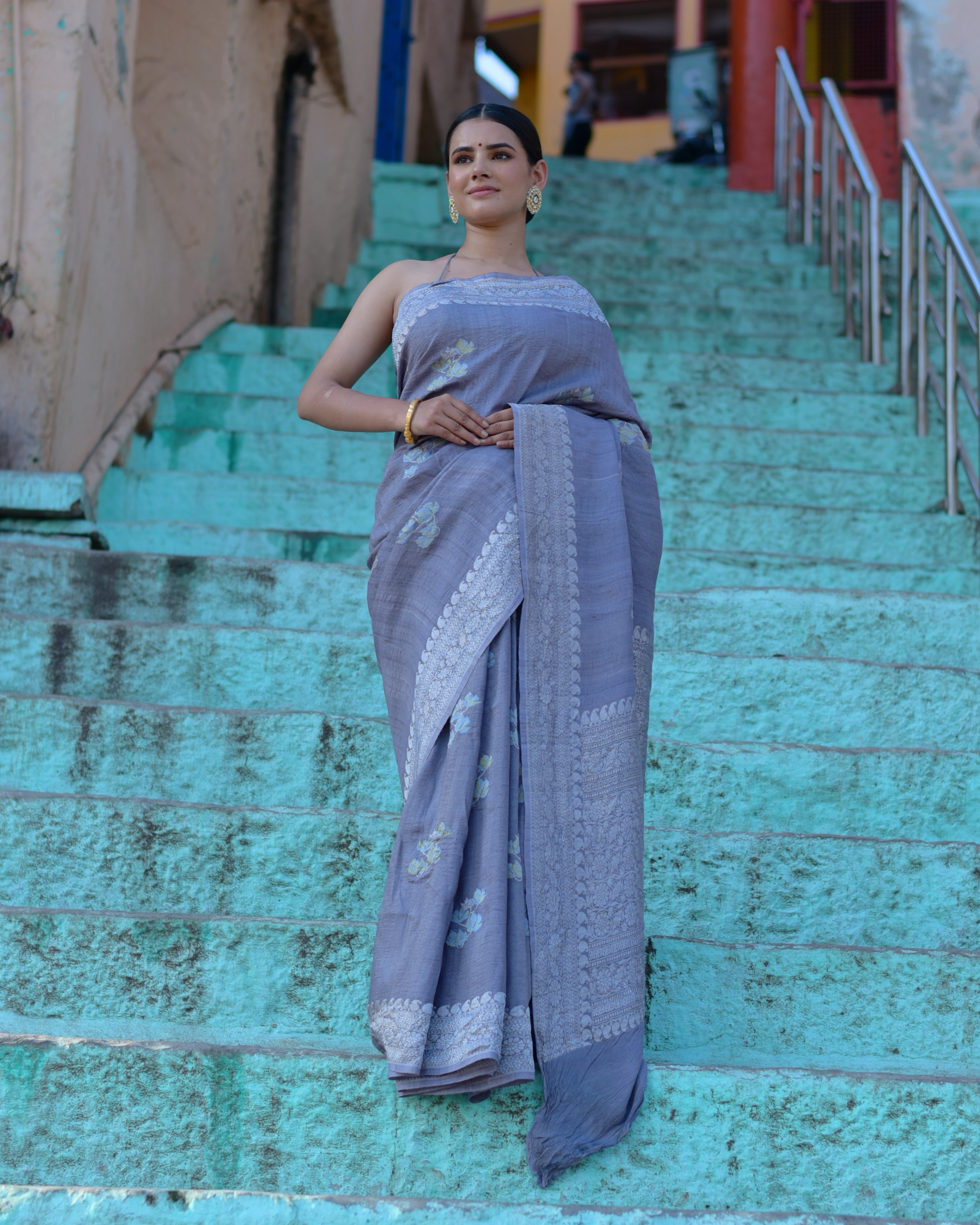 Bluish Gray Pure Tussar Georgette Banaras Handloom Saree-Rung1067