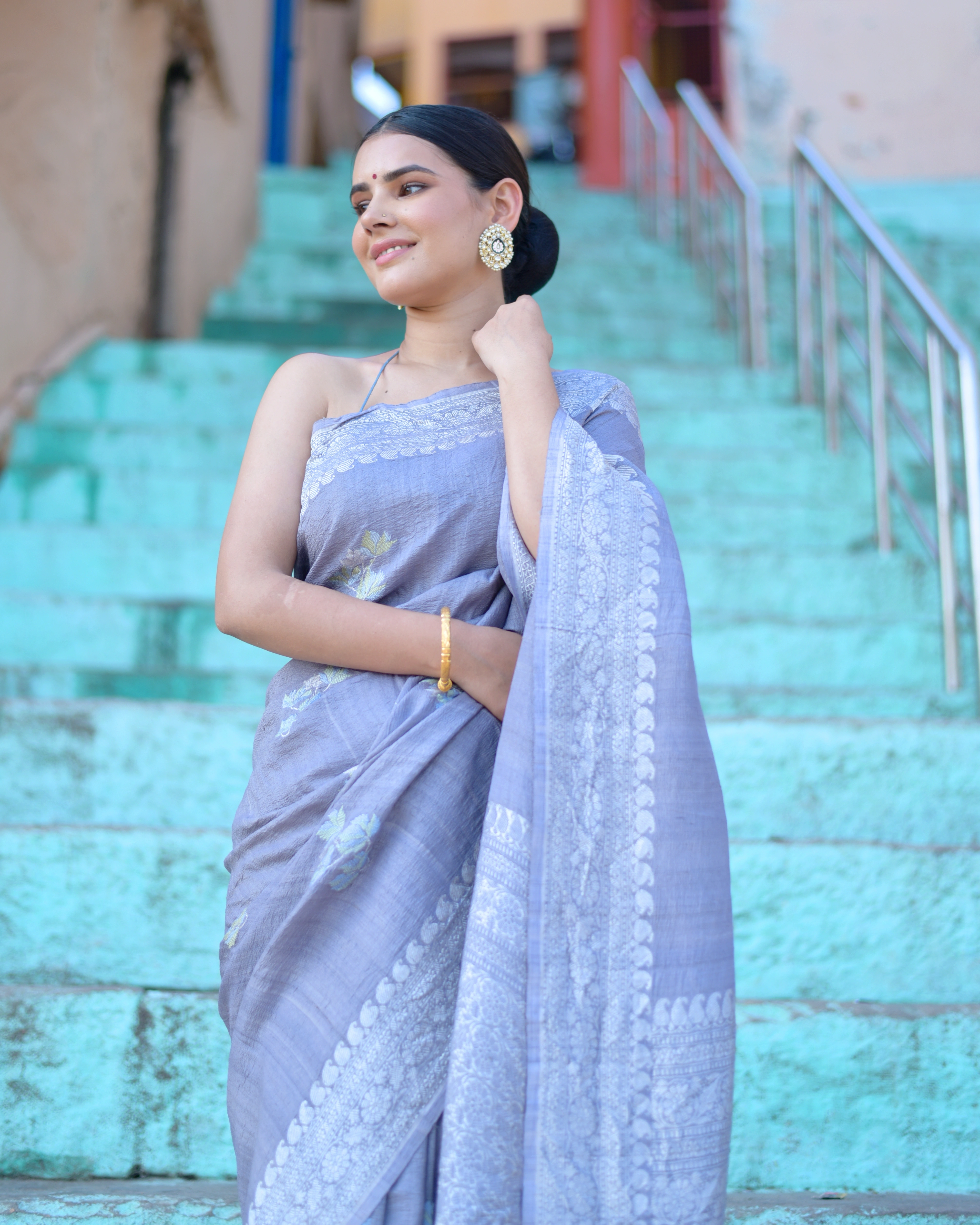 Bluish Gray Pure Tussar Georgette Banaras Handloom Saree-Bluish-1