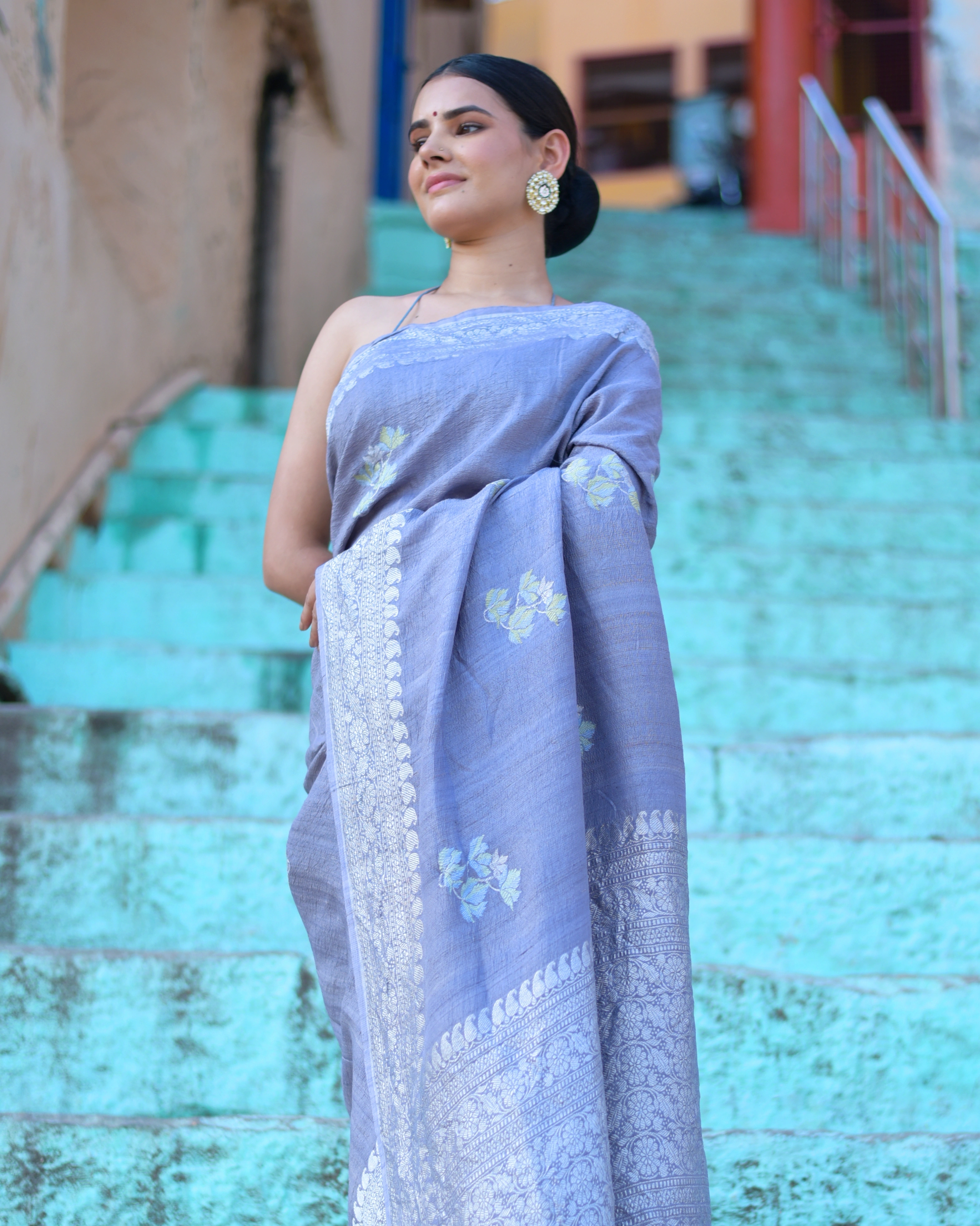 Bluish Gray Pure Tussar Georgette Banaras Handloom Saree-Bluish-2