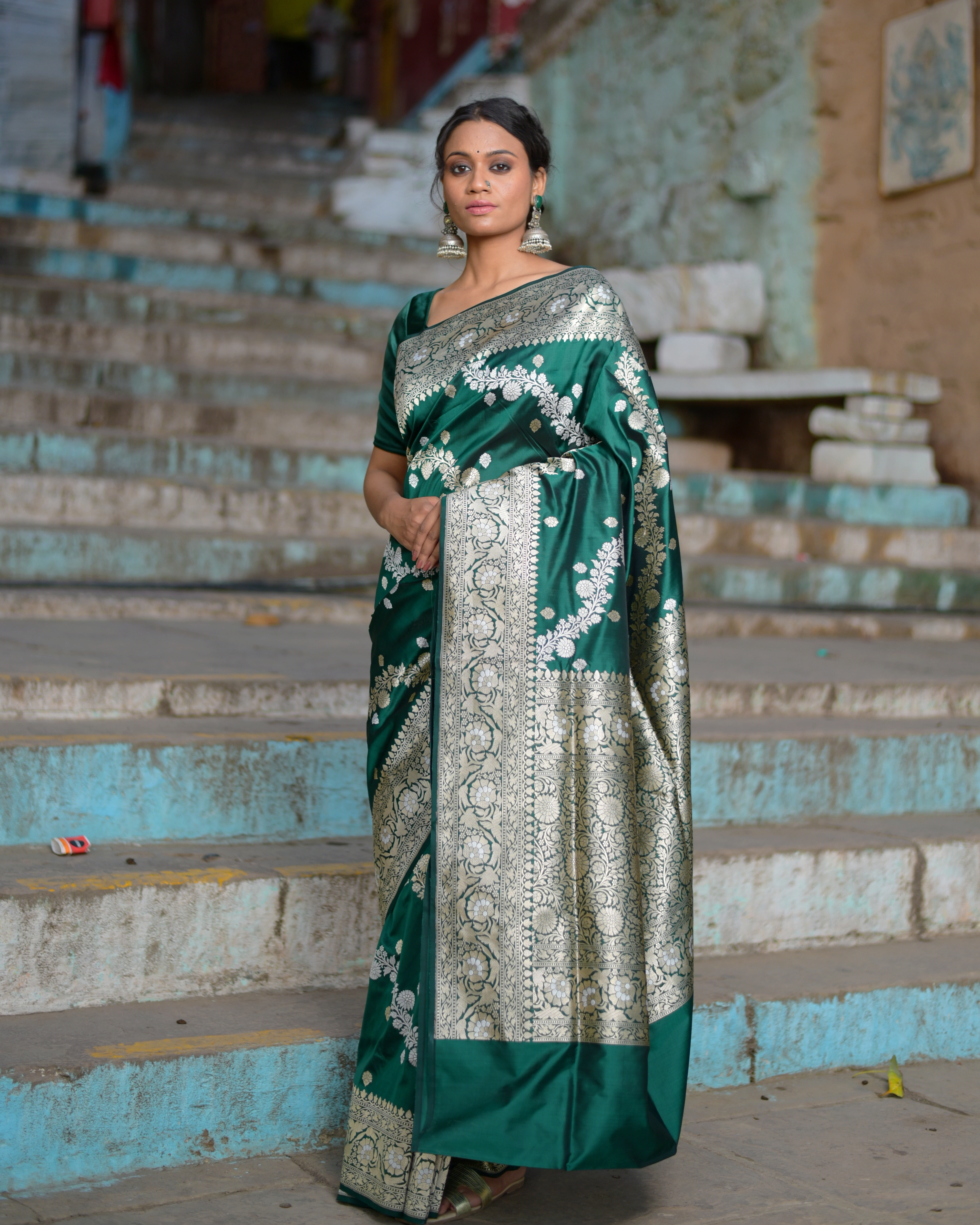 Rama Green Pure Mashru Kadhiyal Ada Jangla Banaras Handwoven Saree-Rung1070