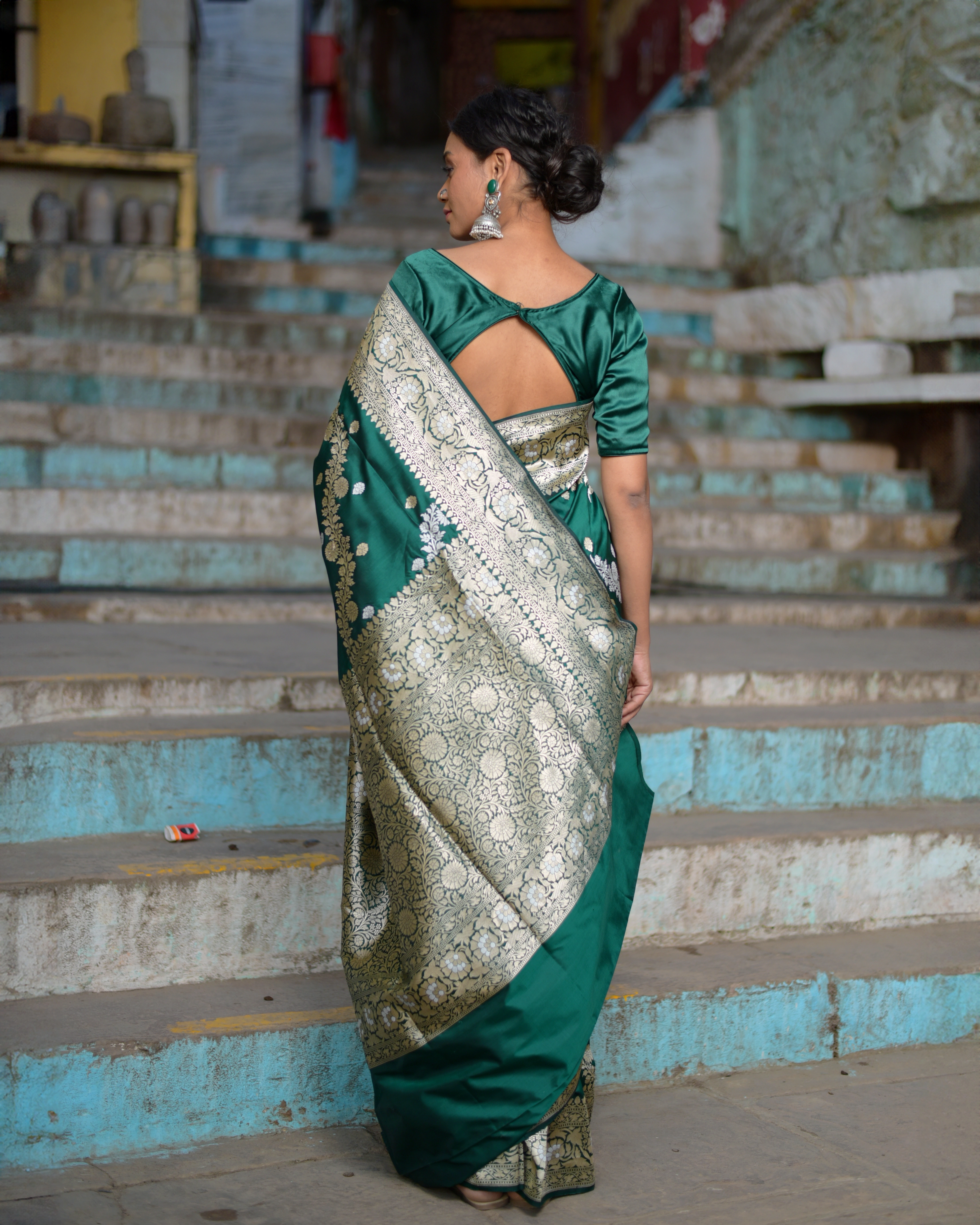 Rama Green Pure Mashru Kadhiyal Ada Jangla Banaras Handwoven Saree-Rama-4