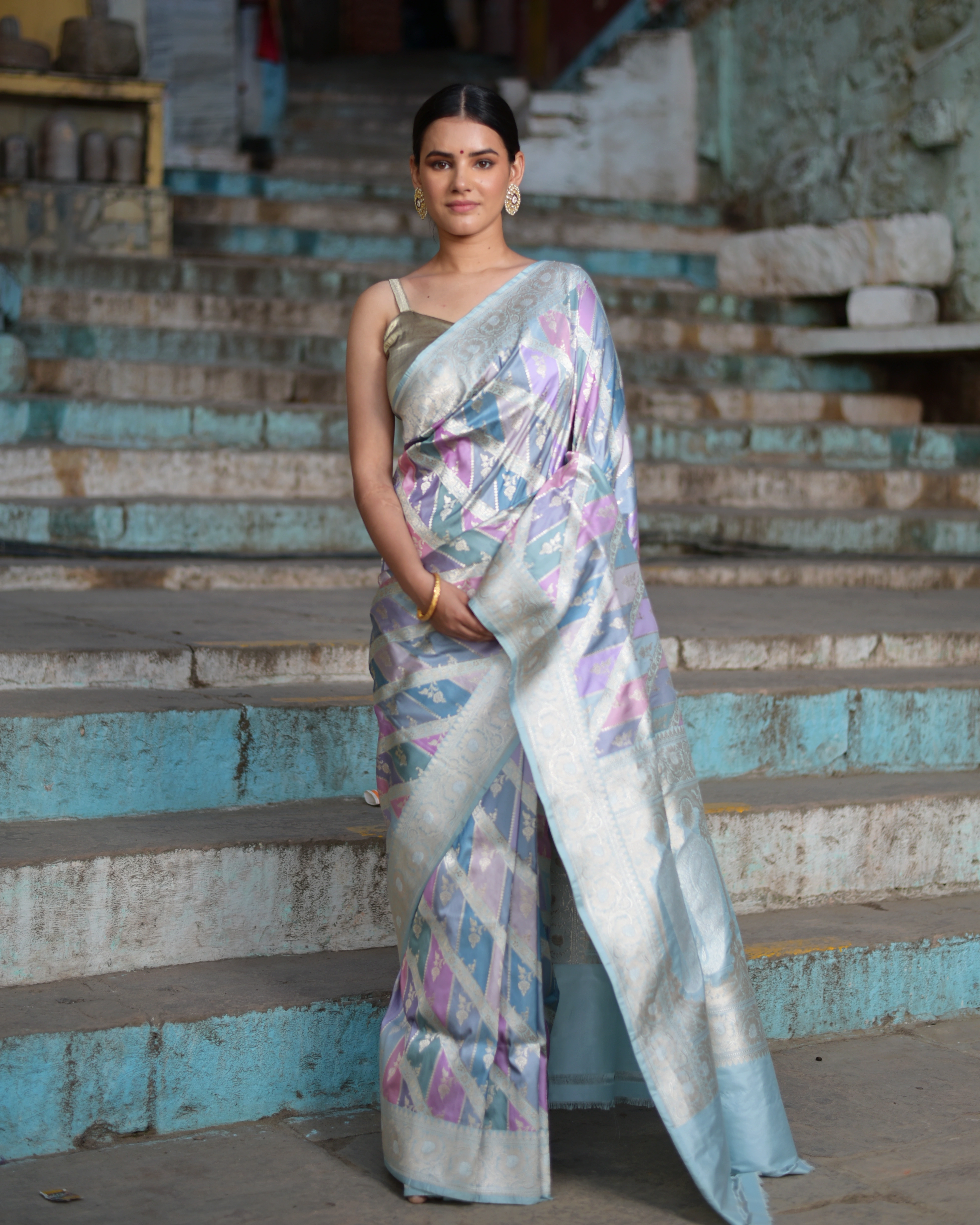 Steel Grey Rungkaat Pure Katan Banaras Handwoven Saree-Steel-1