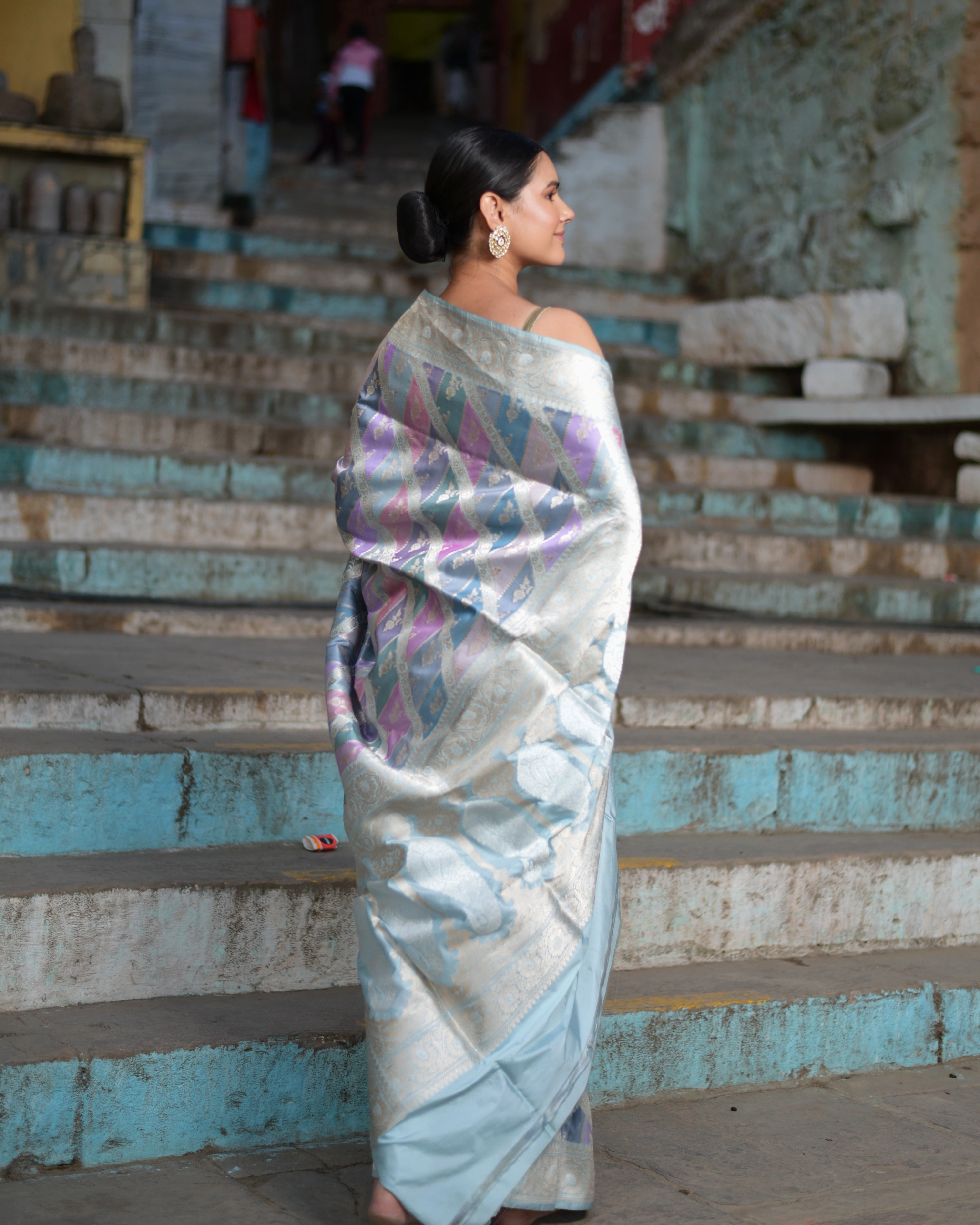 Steel Grey Rungkaat Pure Katan Banaras Handwoven Saree-Steel-3