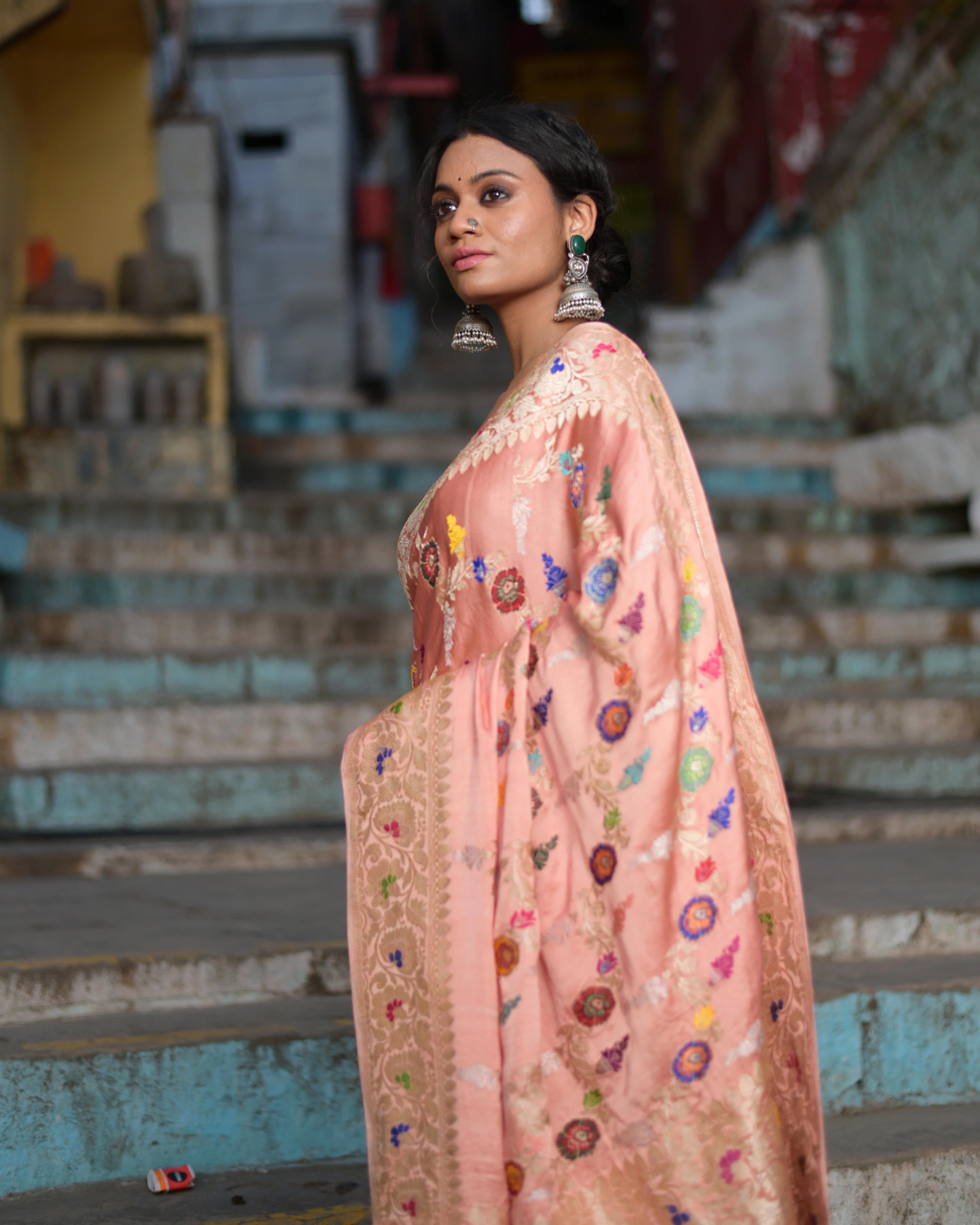 Peach Pink Mashru Menakari Kadhiyal Jangla Banaras Handloom Saree-Peach-1