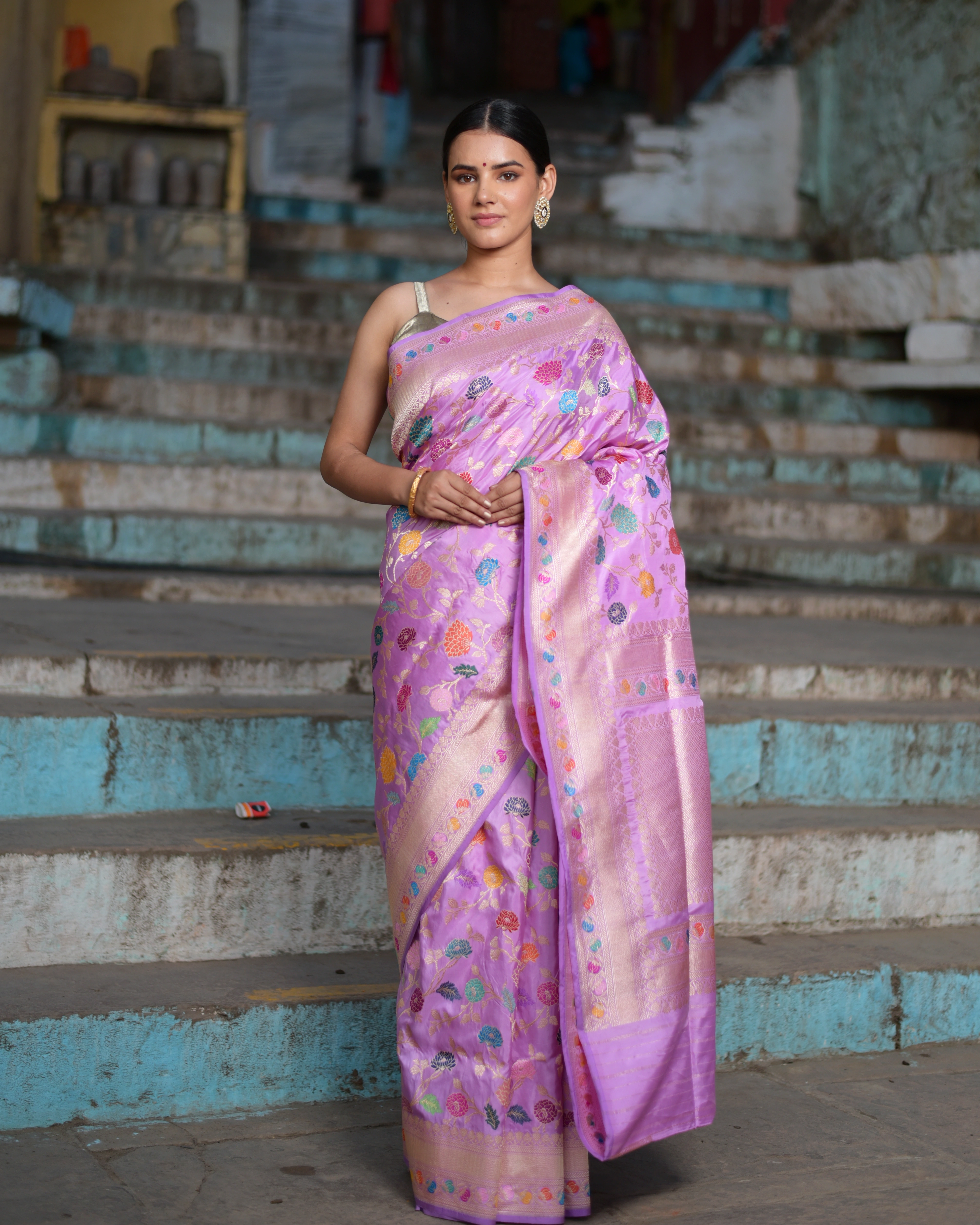 Baby Pink Ektara Katan Kadhiyal Jangla Banaras Handloom Saree-Rung1074