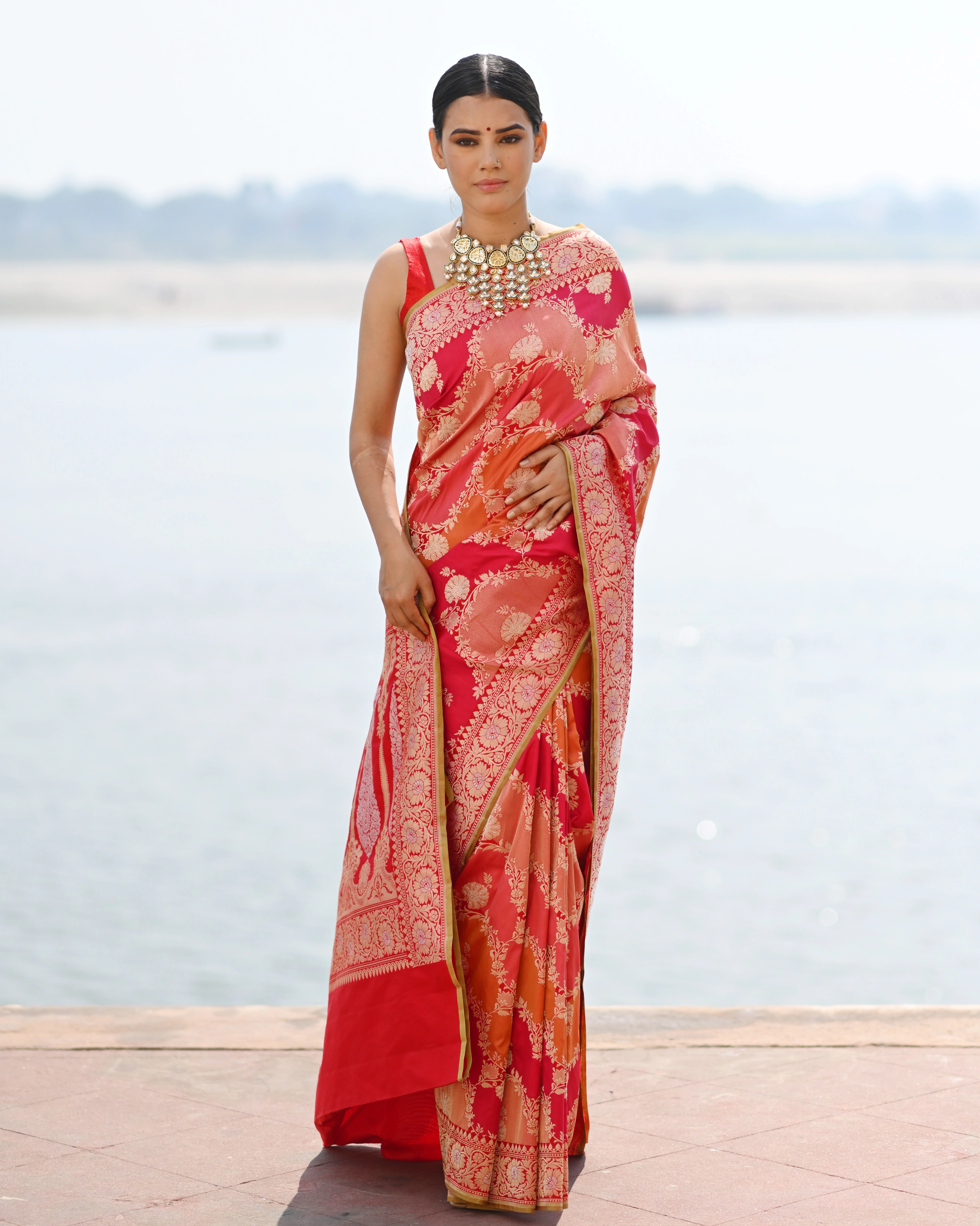 Red Rungkaat Pure Katan Kadhiyal Banaras Handloom Saree-Rung1078