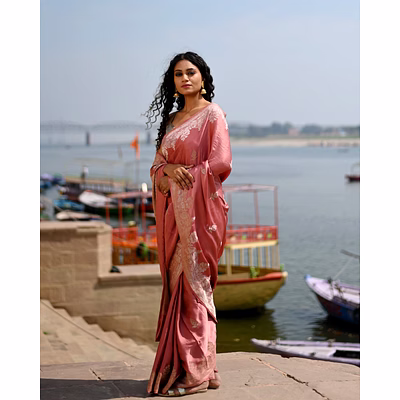 peach pink mashru kadhiyal boota banaras handloom saree