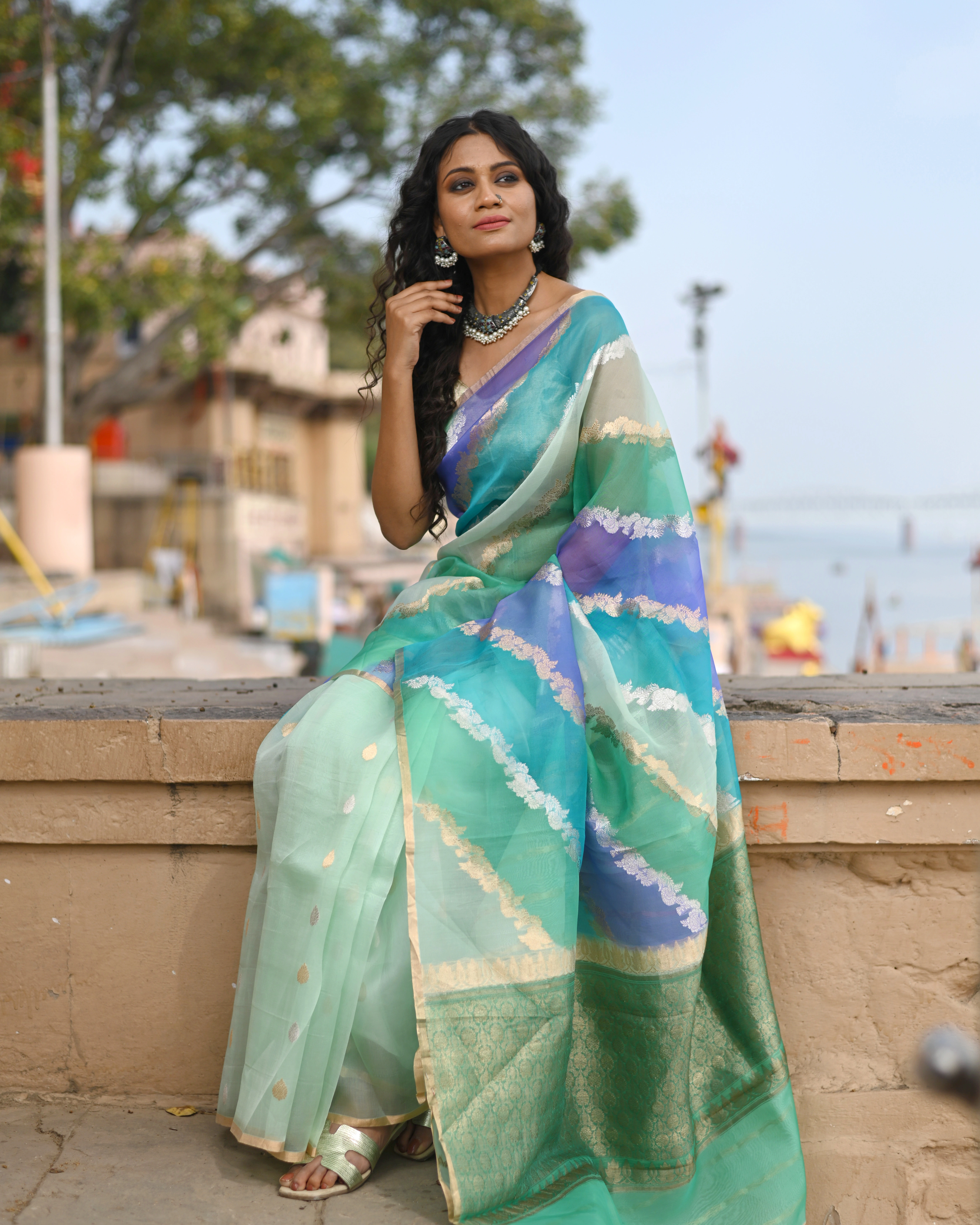 Sea Green Pure Kora Tissue Rungkaat Banaras Handloom Saree-Rung1090