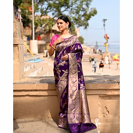 purple pure katan kadhiyal jangla banaras handloom saree
