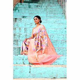 peach rungkaat pure katan kadhiyal banaras handwoven saree