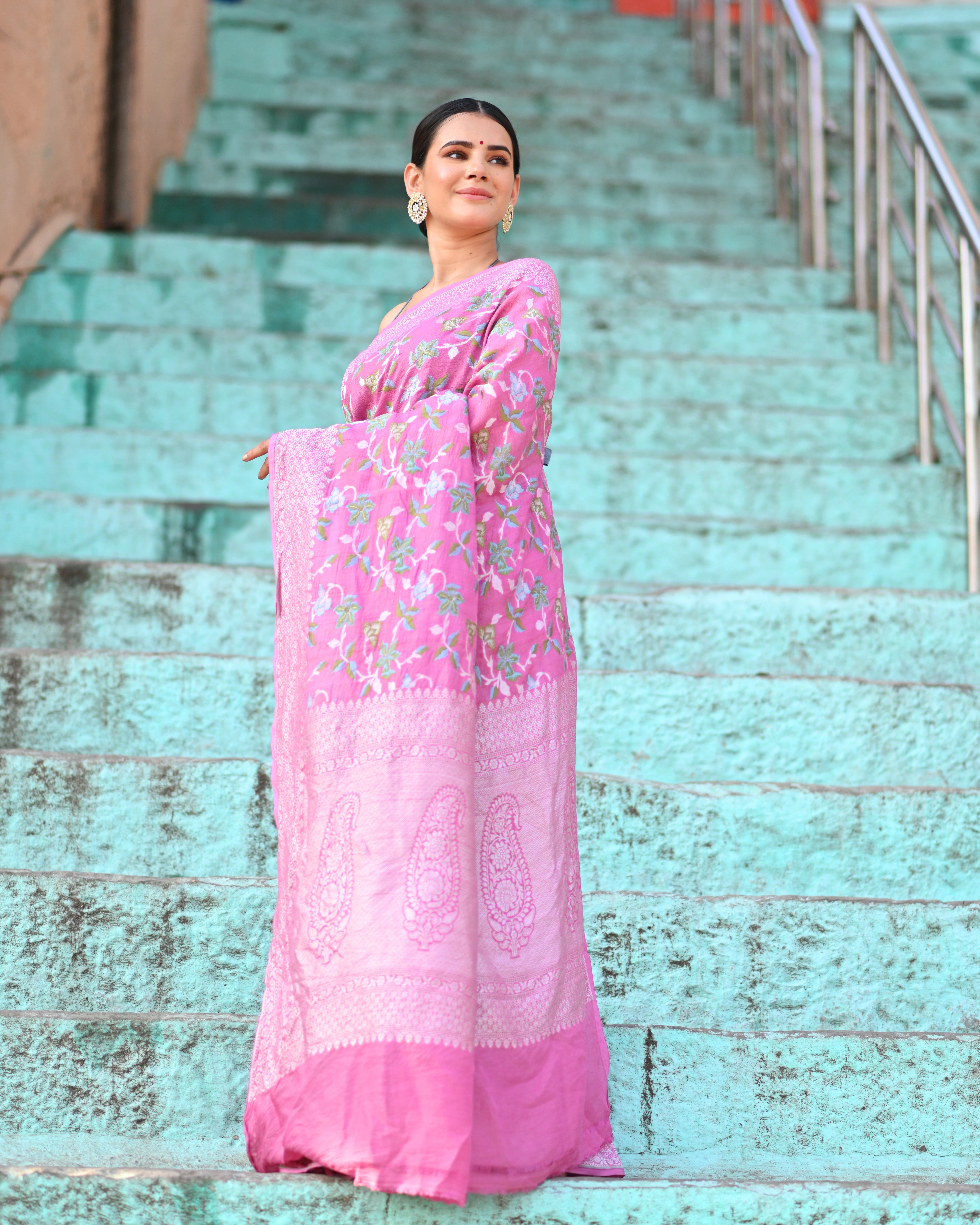 Pink Tussar Georgette Banaras Handloom Saree-Pink-2