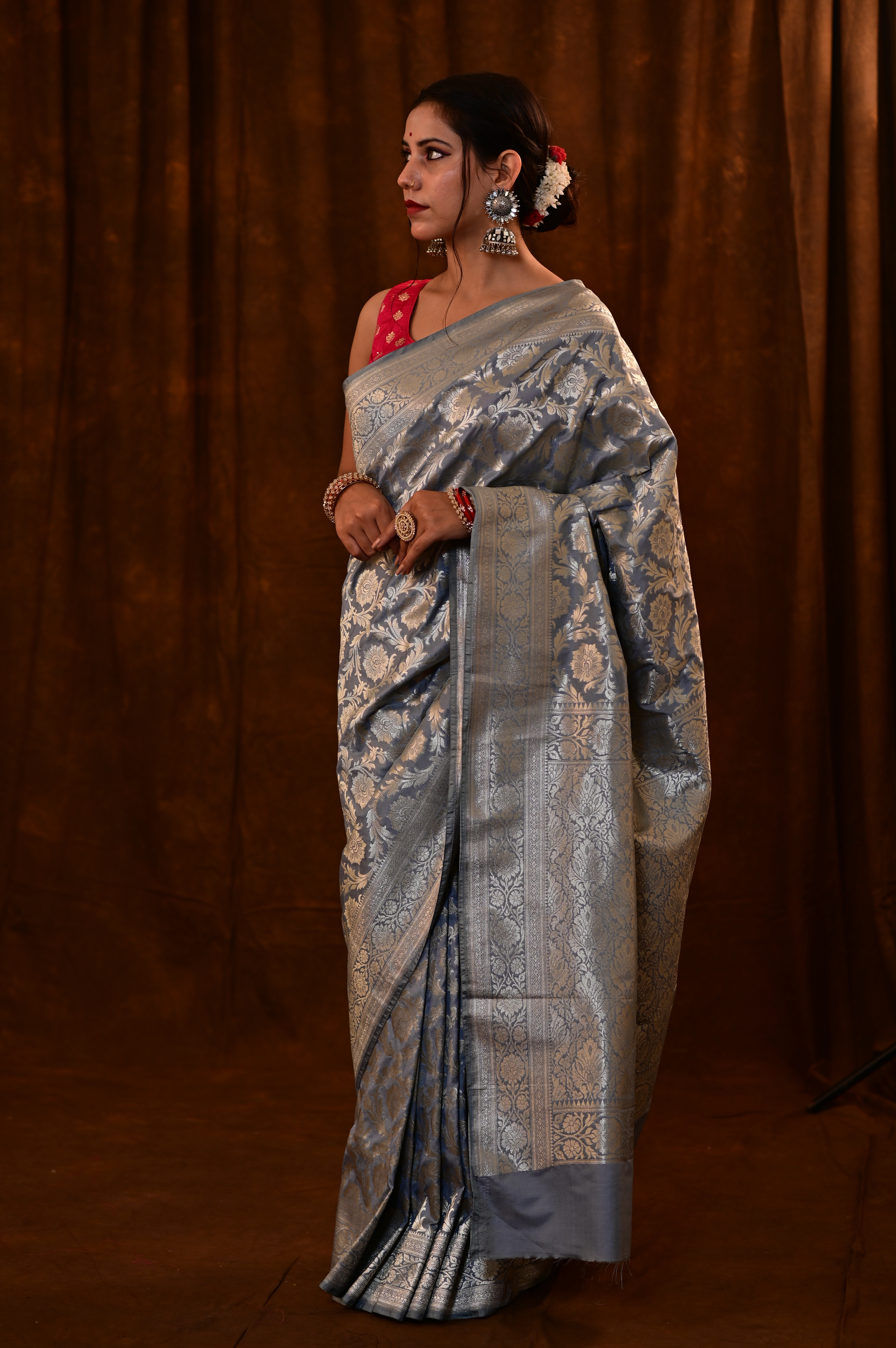 Steel Gray  Banarasi Katan Semi silk Saree-Steel Gray-2