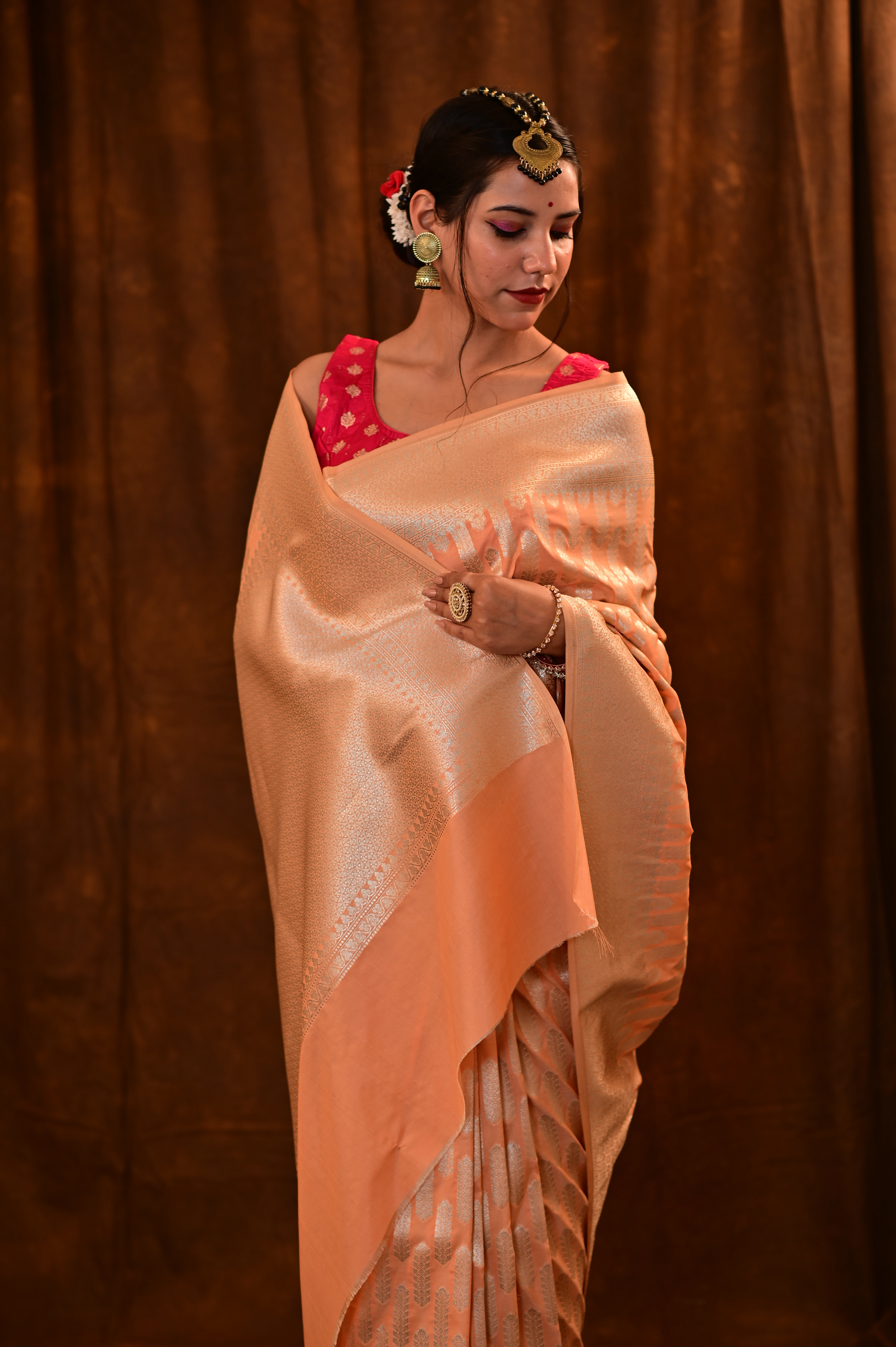 Light Peach Semi Katan Banarasi saree-RUNG1112