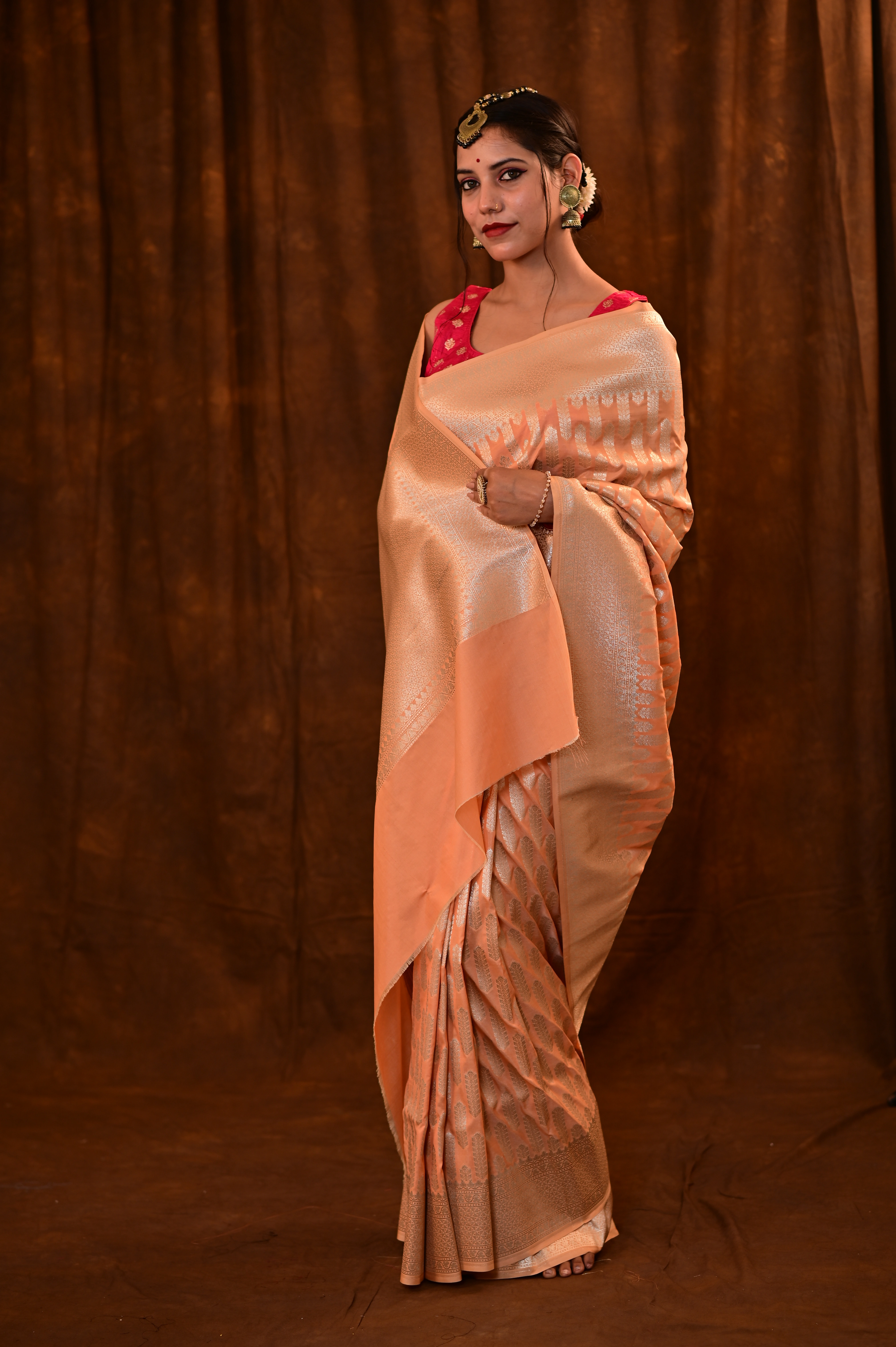 Light Peach Semi Katan Banarasi saree-Light Peach-2