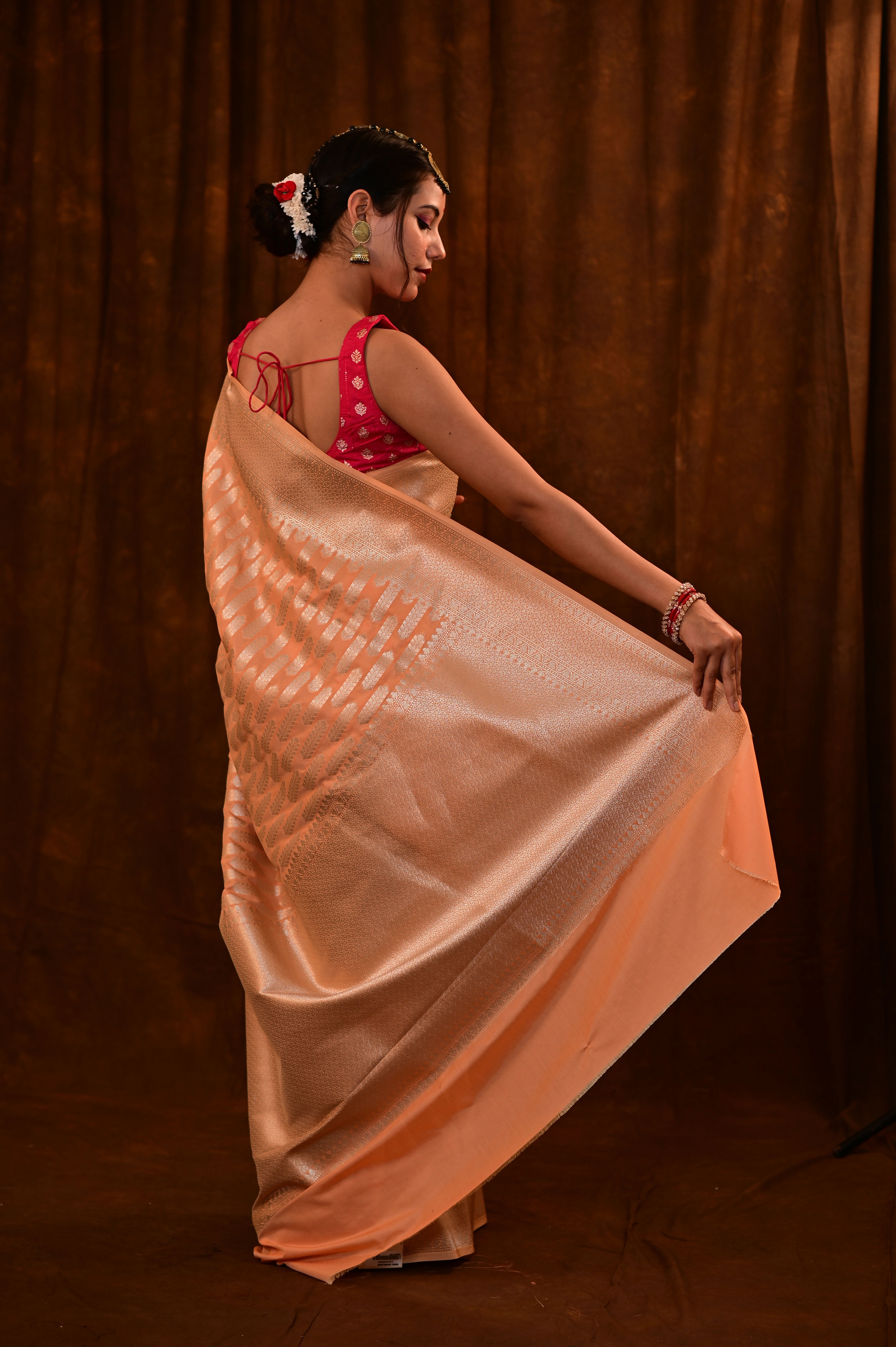 Light Peach Semi Katan Banarasi saree-Light Peach-3