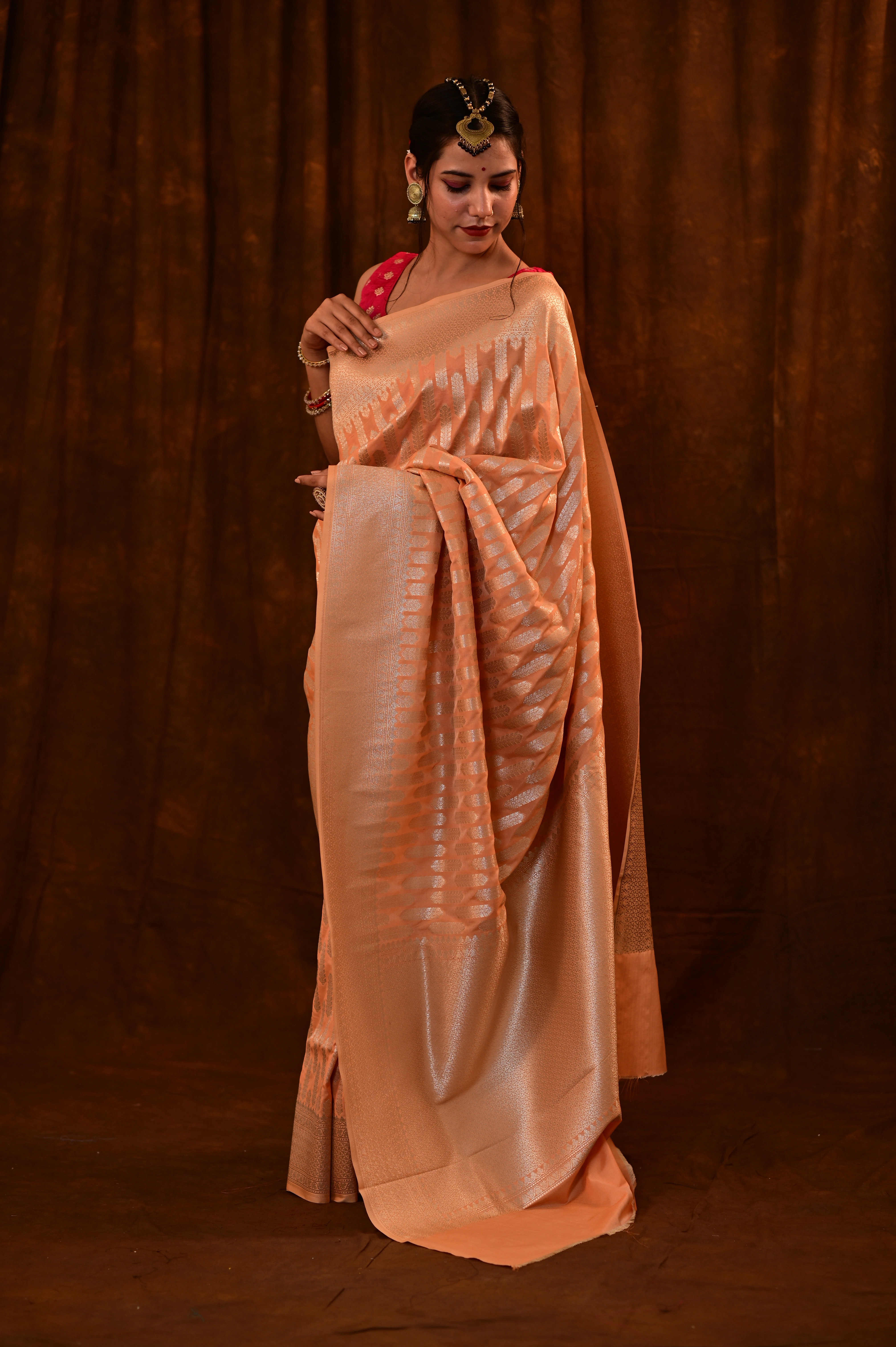 Light Peach Semi Katan Banarasi saree-Light Peach-1