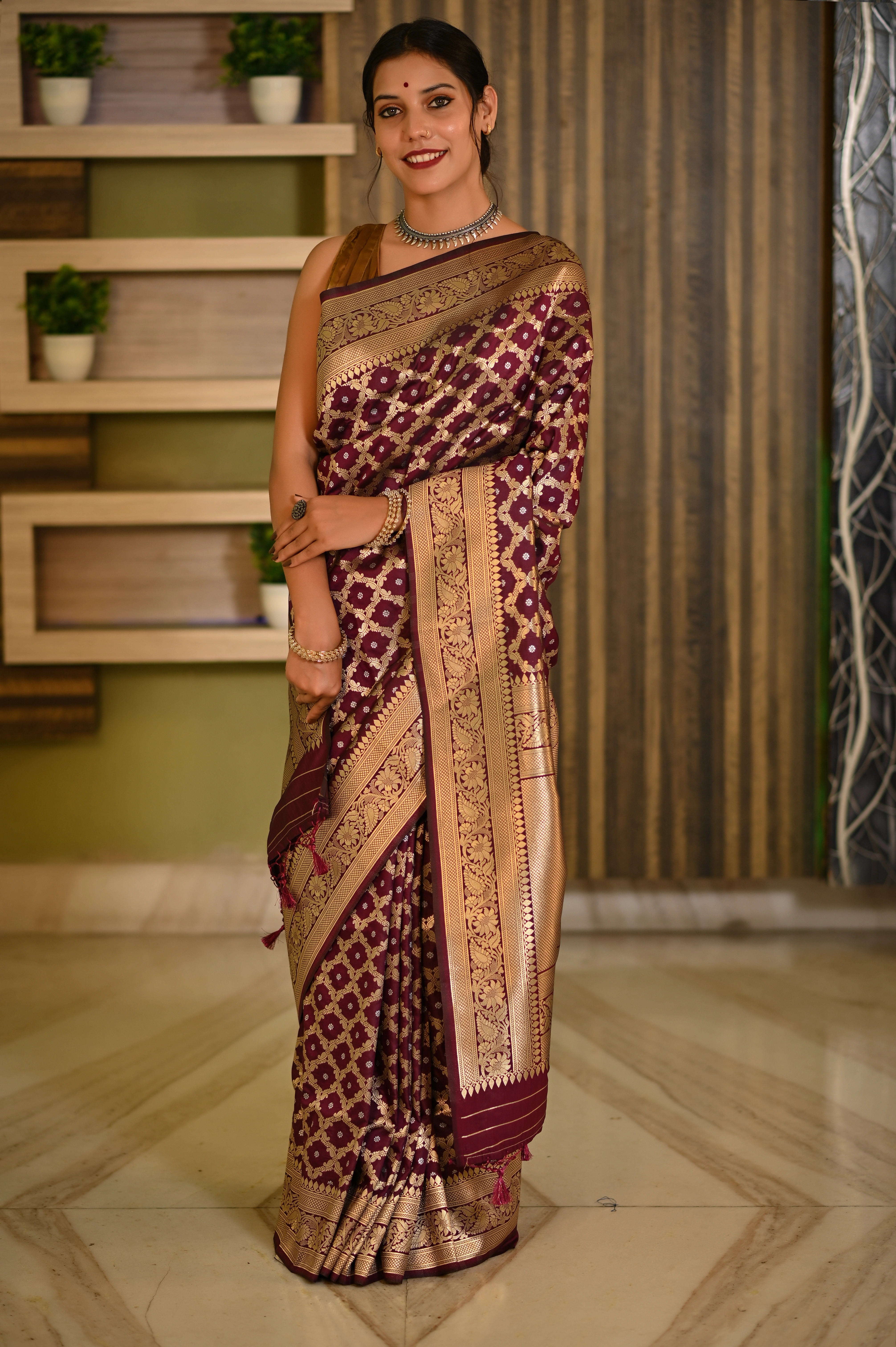 Dark Brawn Katan Silk Banarasi Saree-Dark Brown-1