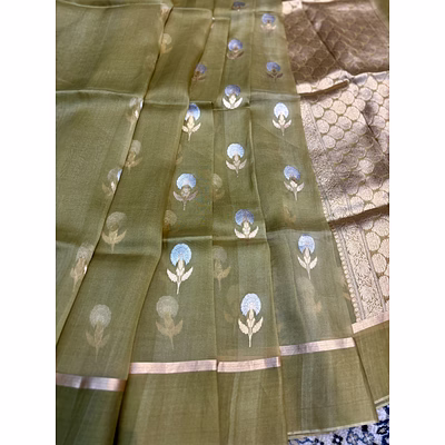 pista green pure kora kadhiyal tissue banaras handloom saree